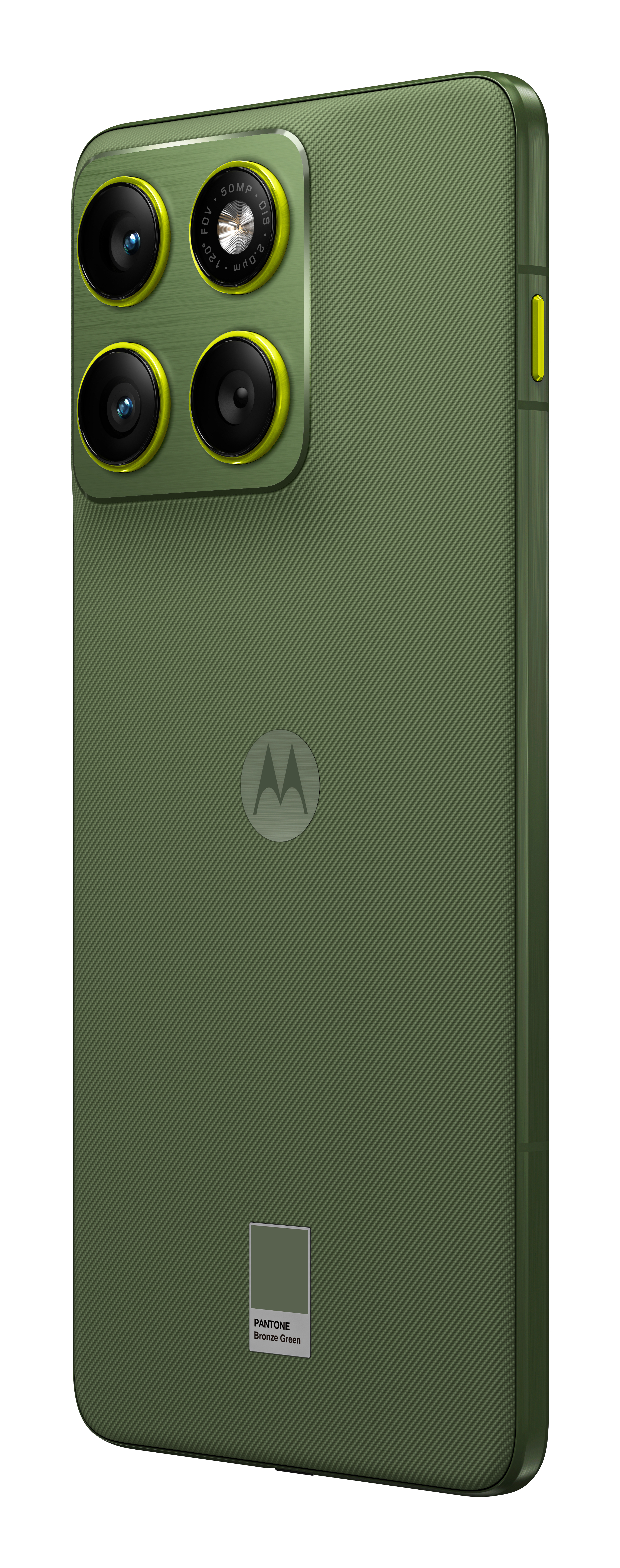 Zielony telefon Motorola z obiektywami aparatu na teksturowanym tyle. Telefon ma metalową ramę i kolor Pantone Bronze Green.