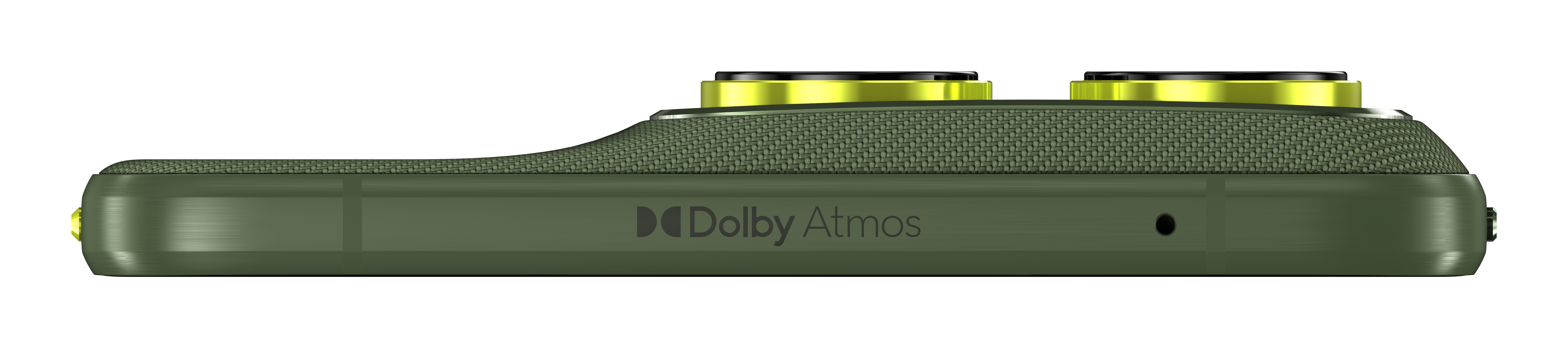 Zielone urządzenie z dwoma czarnymi i żółtymi przyciskami na górze. Bok ma logo Dolby Atmos.