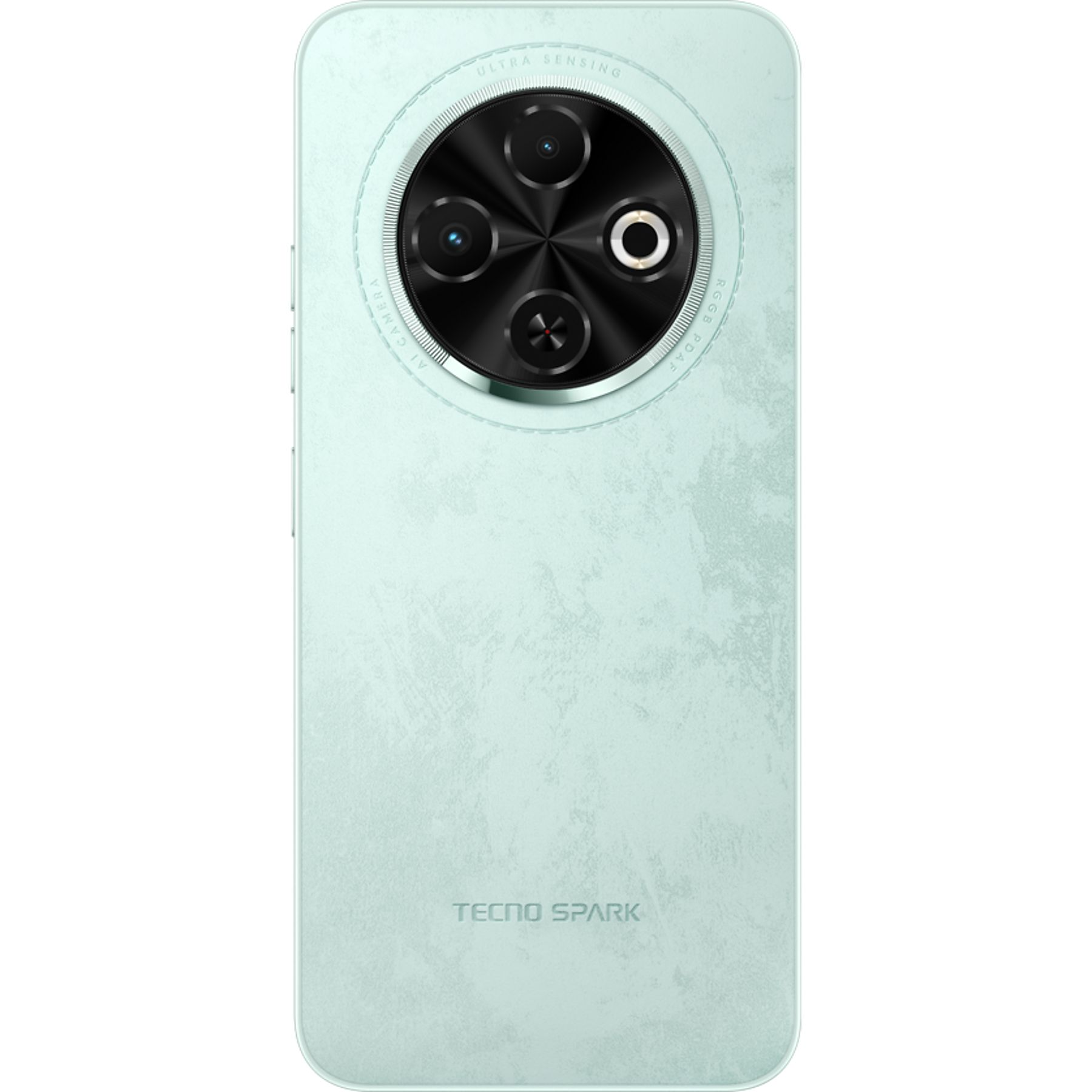 Uno smartphone verde menta, con un modulo fotocamera con più lenti. Il telefono ha il logo 'TECNO SPARK'.