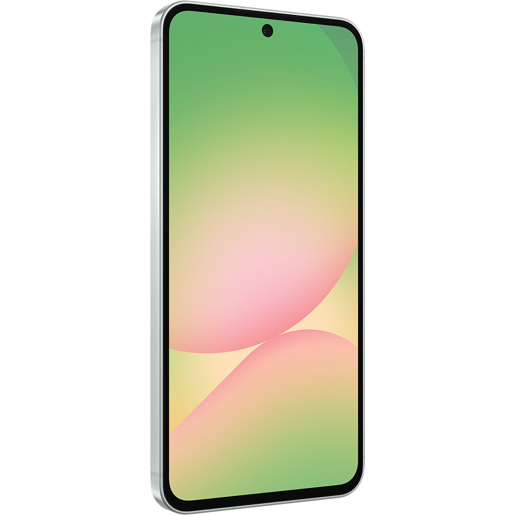 Gümüş çerçeveli, yeşil, pembe ve sarı renk geçişli ekranlı bir akıllı telefon.