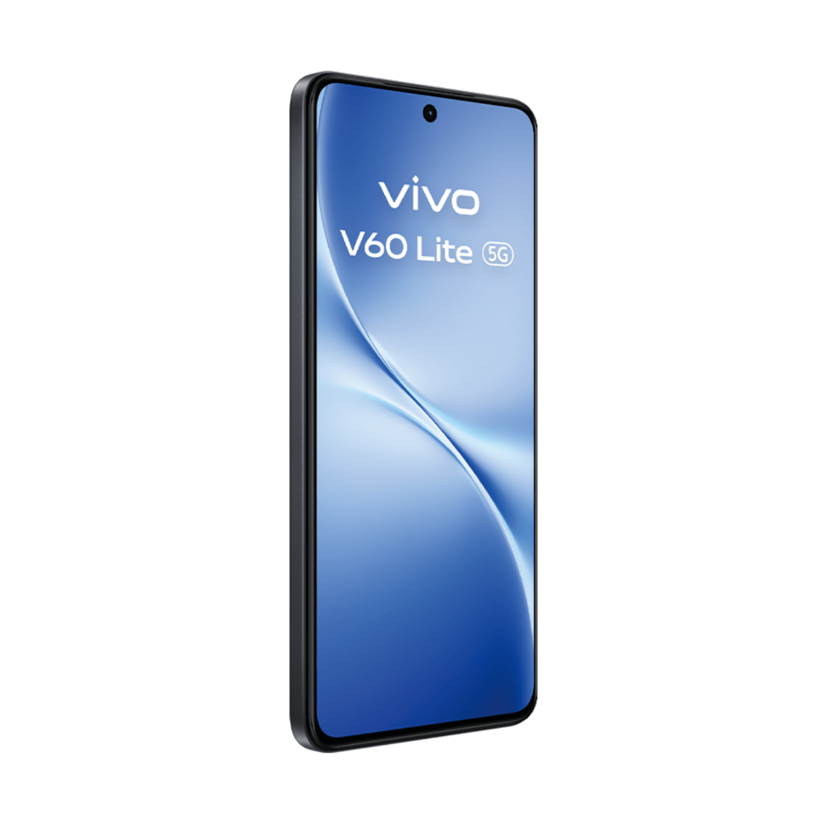 Smartfon Vivo V60 Lite 5G. Ekran wyświetla niebieski wzór fal. Telefon jest czarny, z logo Vivo.