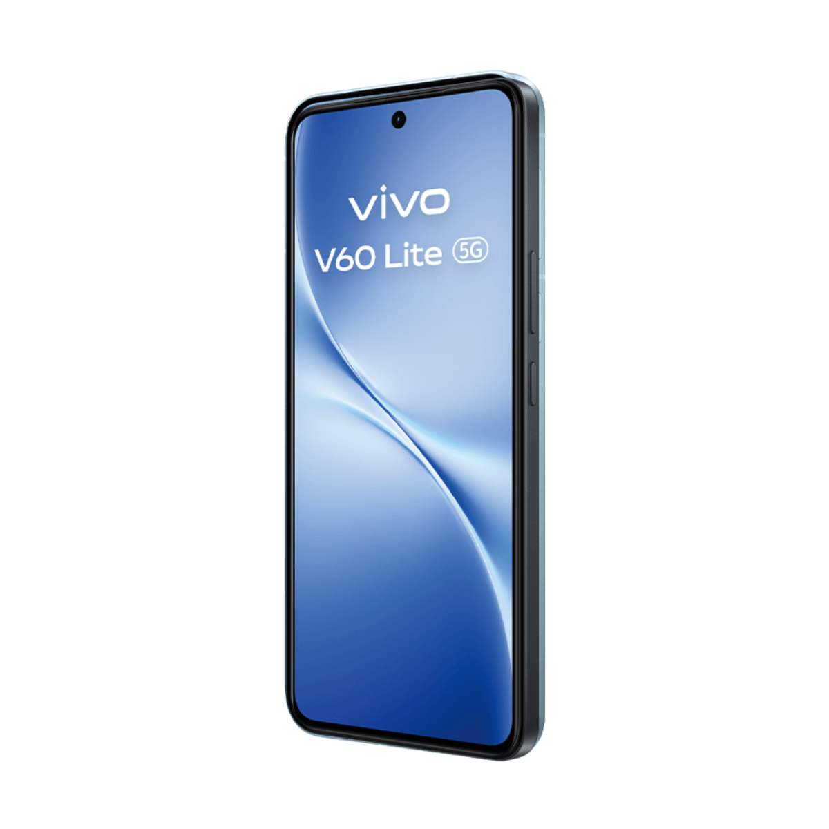 Wyświetlany jest smartfon Vivo V60 Lite 5G. Ekran wyświetla niebieski gradient. Telefon jest czarny z przyciskami głośności i zasilania.