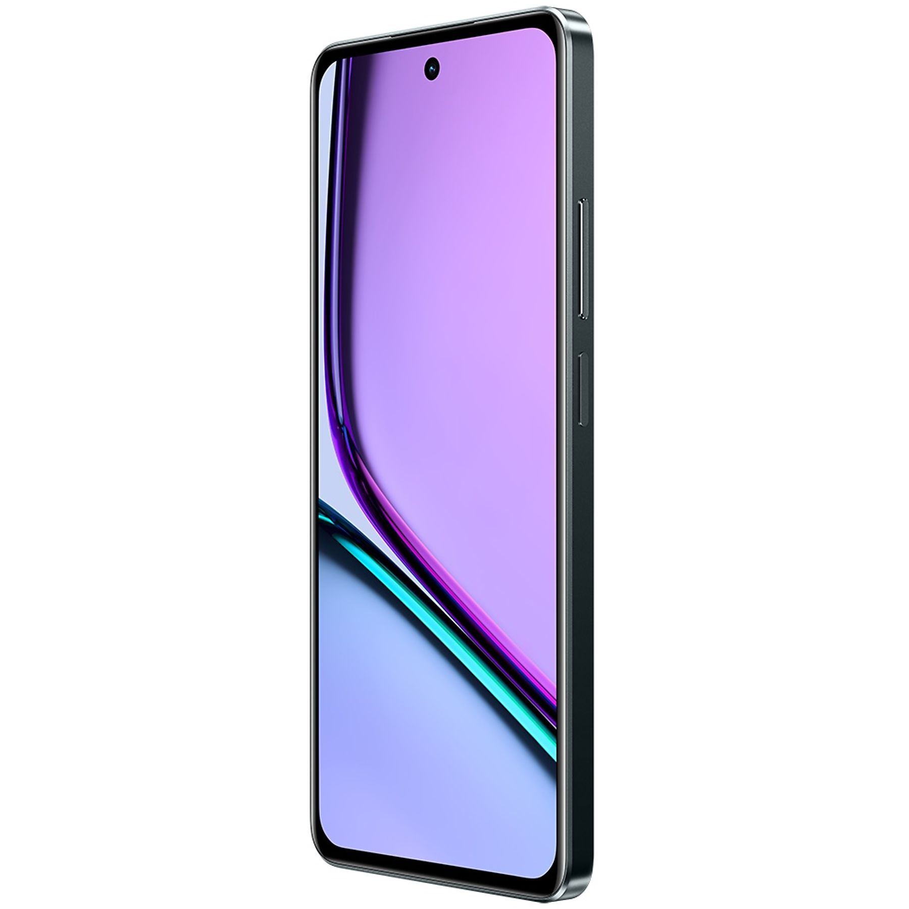 Mor ekranlı bir akıllı telefon. Telefon koyu gri ve beyaz bir arka plan üzerinde.