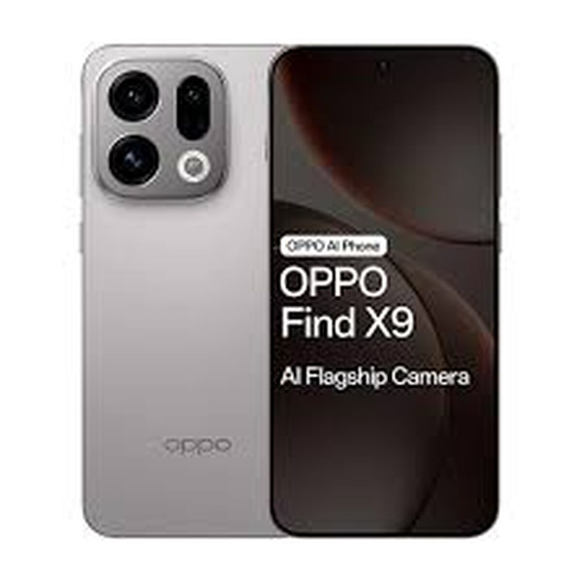 Smartfon ze srebrnym tyłem i czarnym ekranem. Posiada aparat z trzema obiektywami i widoczny jest tekst 'OPPO Find X9'.
