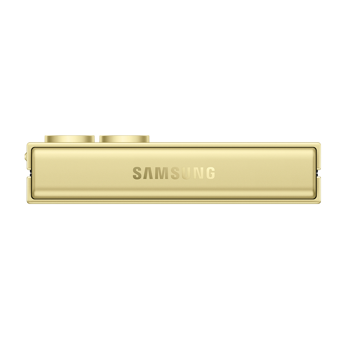 Altın renkli bir Samsung cihazı. Yuvarlak uçlu dikdörtgen bir gövdesi, iki dairesel düğmesi ve Samsung logosu var.
