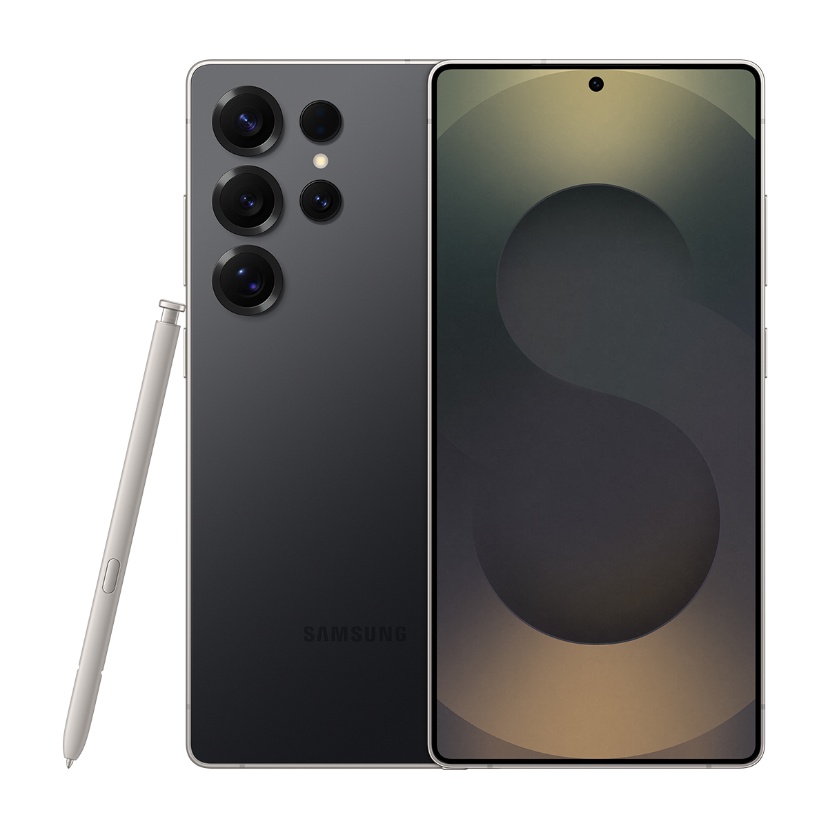 Gri renkli, birden fazla kamerası, kalemi ve tasarım gösteren ekranı olan bir Samsung telefon. Samsung logosu görünür.