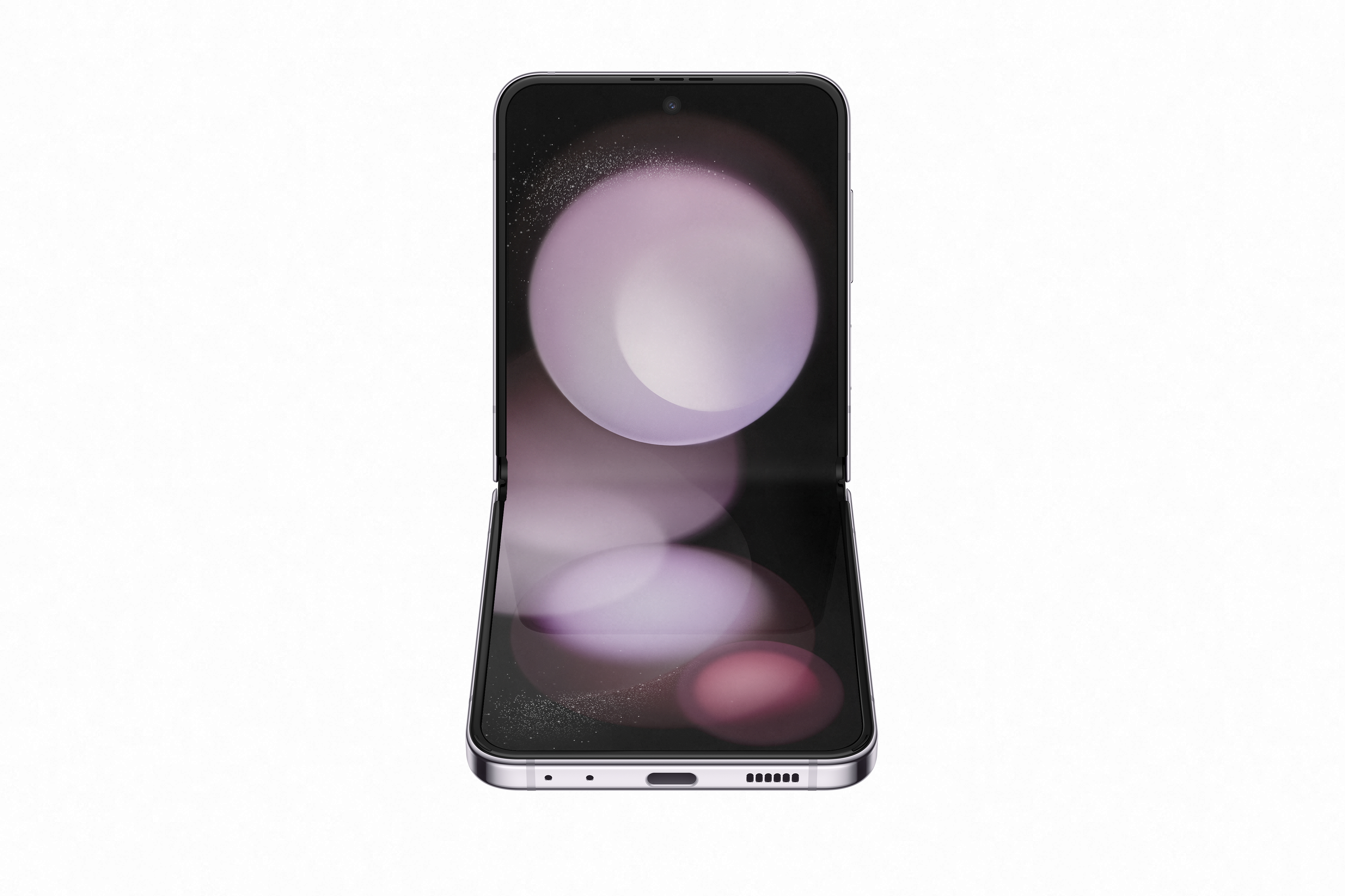 Gümüş renkli katlanabilir bir akıllı telefon beyaz bir arka plan üzerinde açık duruyor. Ekranda bulanık mor ve beyaz daireler var.