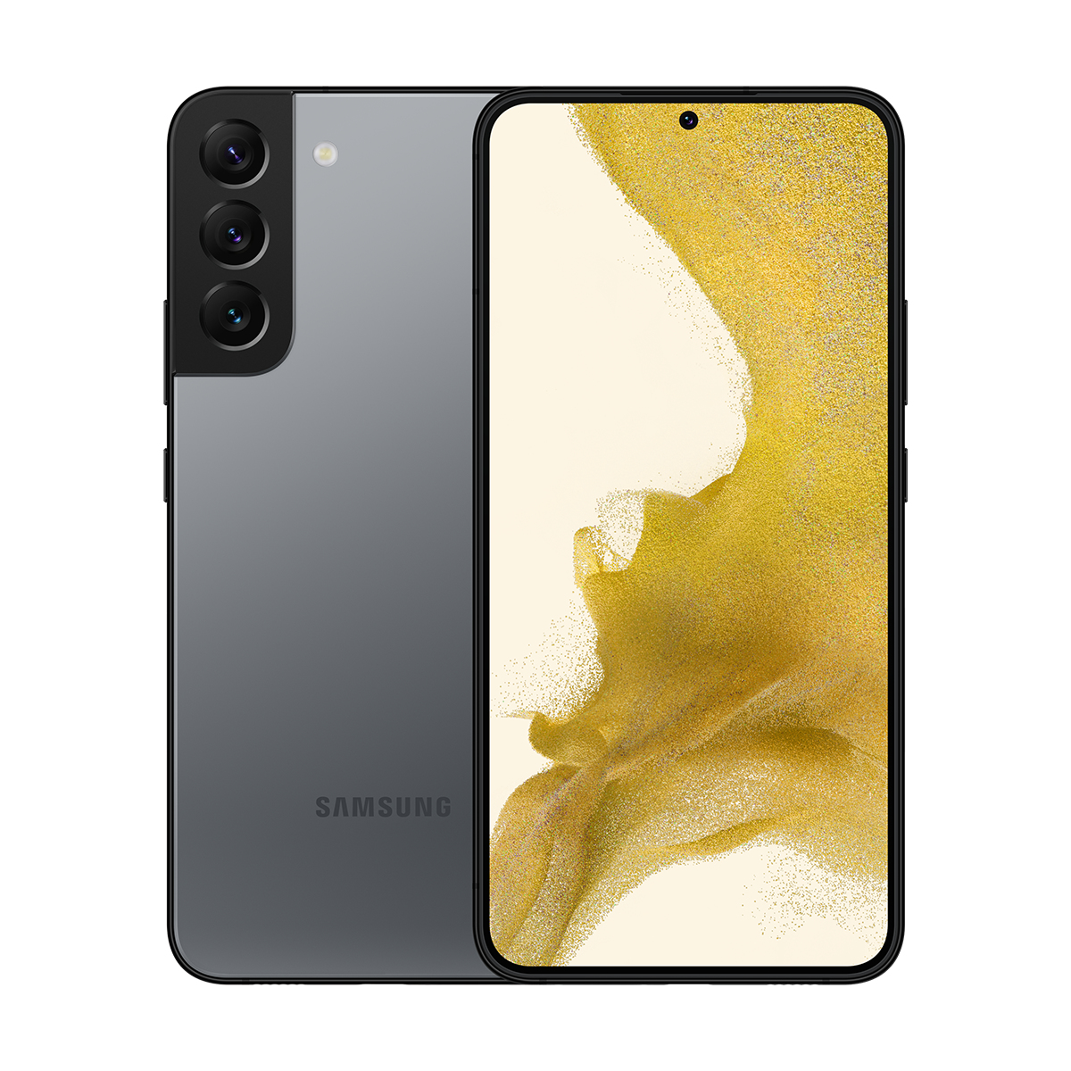 Üç arka kameraya ve altın bir desen gösteren parlak bir ekrana sahip gri bir Samsung akıllı telefon, beyaz zemin.
