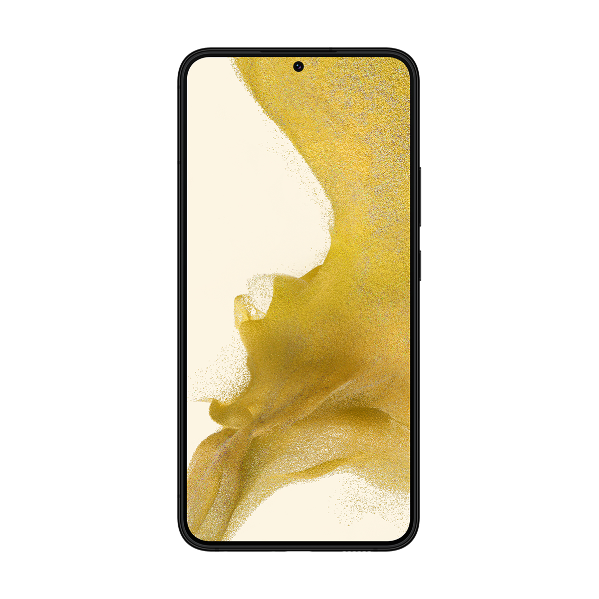 Siyah çerçeveli ve sarı-beyaz soyut bir tasarım sergileyen ekranlı bir akıllı telefon. Telefon, beyaz bir arka plan üzerinde ortalanmıştır.