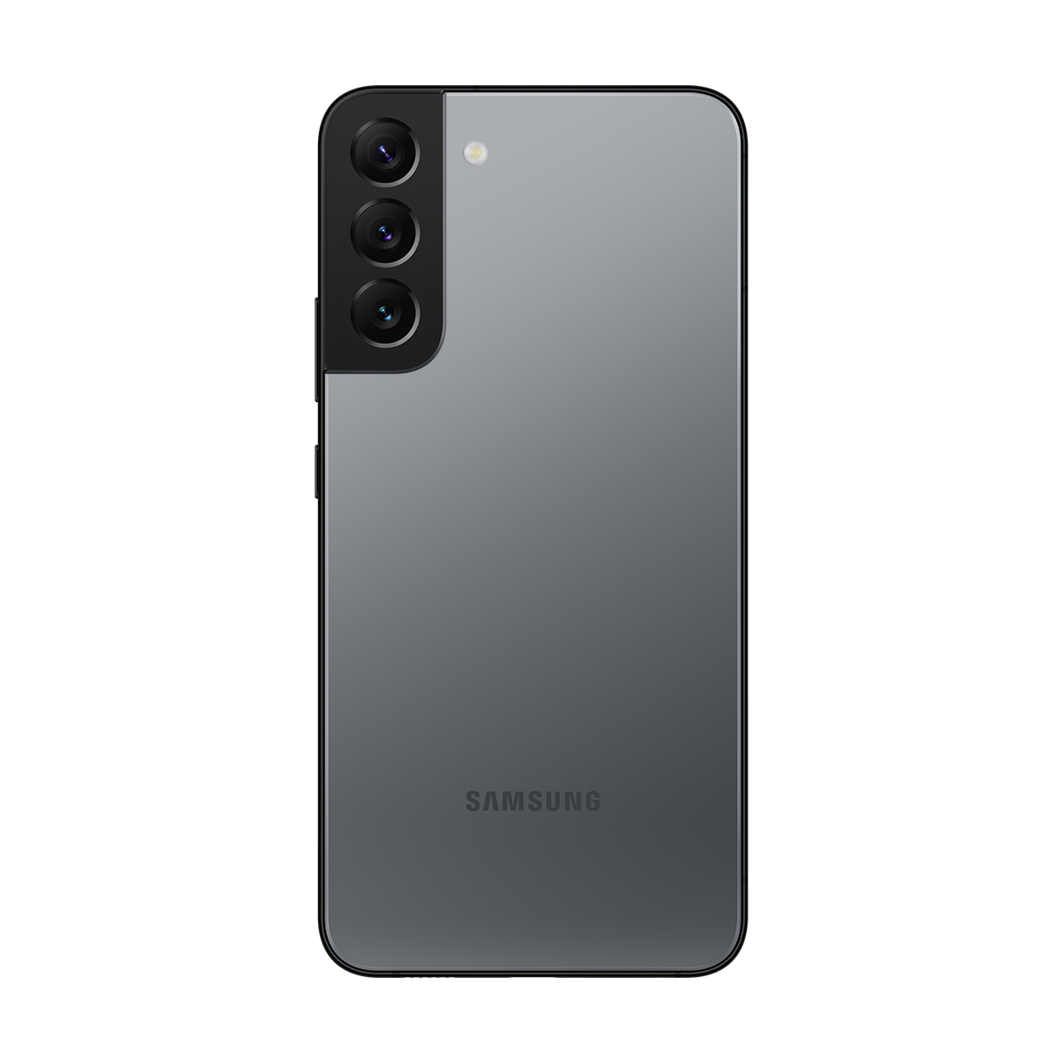 Gri bir Samsung akıllı telefonun arka görünümü. Üç kamera, bir flaş ve Samsung logosu bulunur. Telefonun siyah bir çerçevesi vardır.
