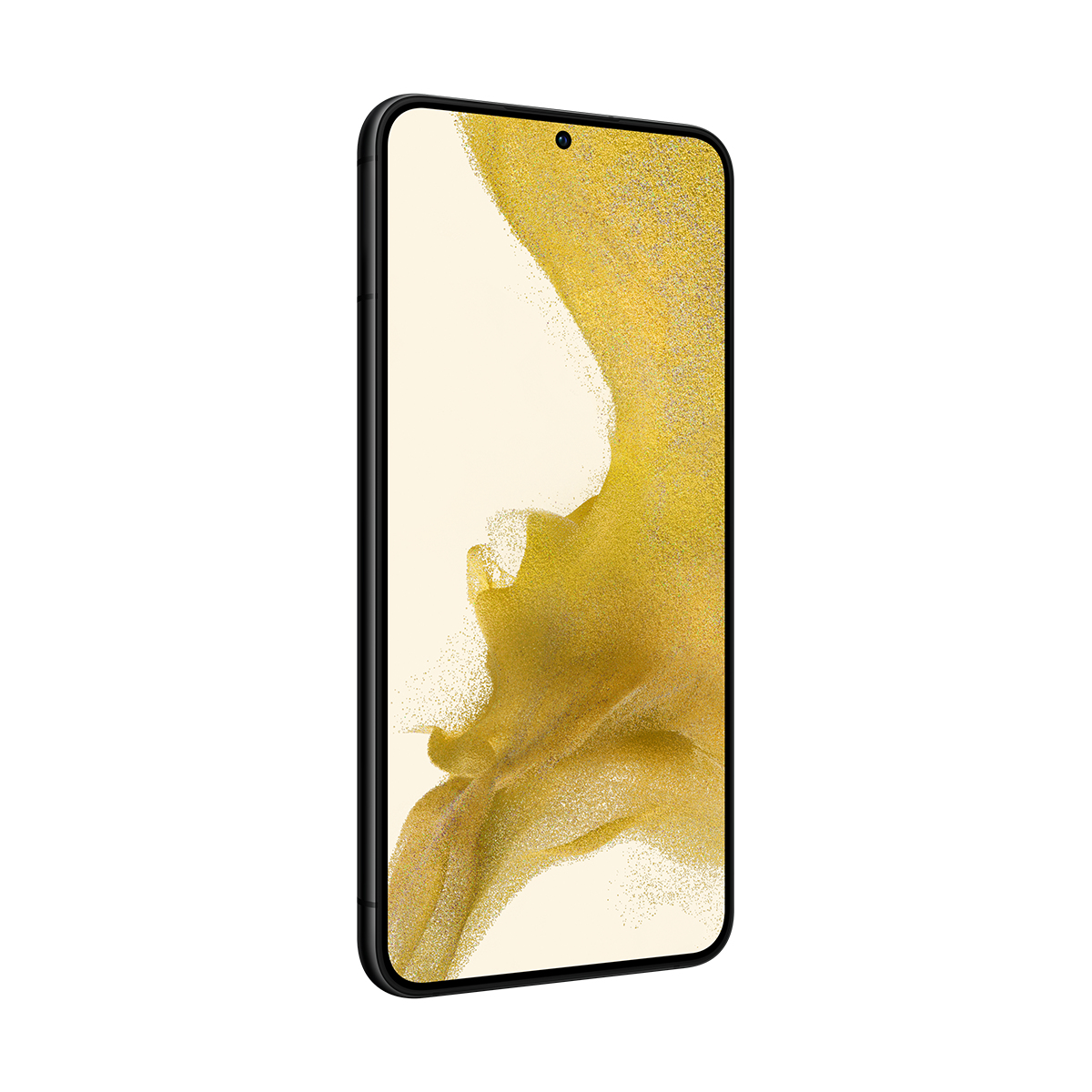 Siyah bir akıllı telefon, altın renkli ekranı var. Ekranda altın rengi, soyut bir tasarım gösteriyor. Telefon hafif sağa eğimli.