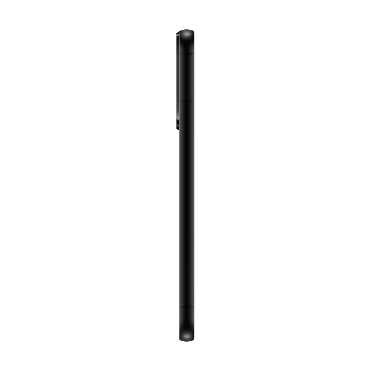 Siyah bir akıllı telefonun yan görünümü. Telefon dikey, beyaz bir arka plan üzerinde yan profilini gösteriyor.