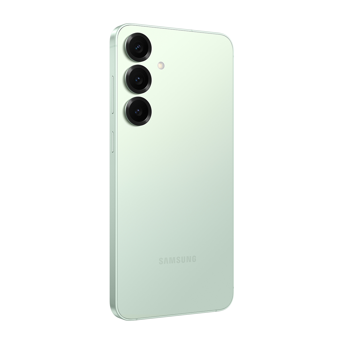 Nane yeşili bir Samsung telefon. Üç kamera lensi ve Samsung logosu var. Telefon açılı, arkası görünüyor.