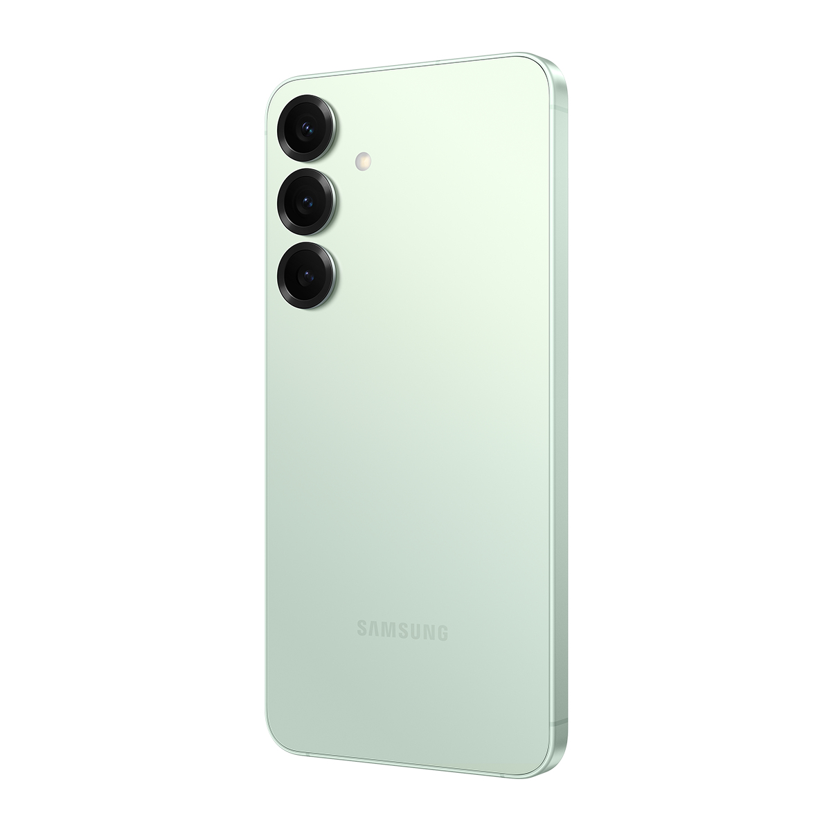 Arkada üç kamera lensi bulunan nane yeşili bir akıllı telefon. Samsung logosu görünür. Telefon sağa doğru açılıdır.