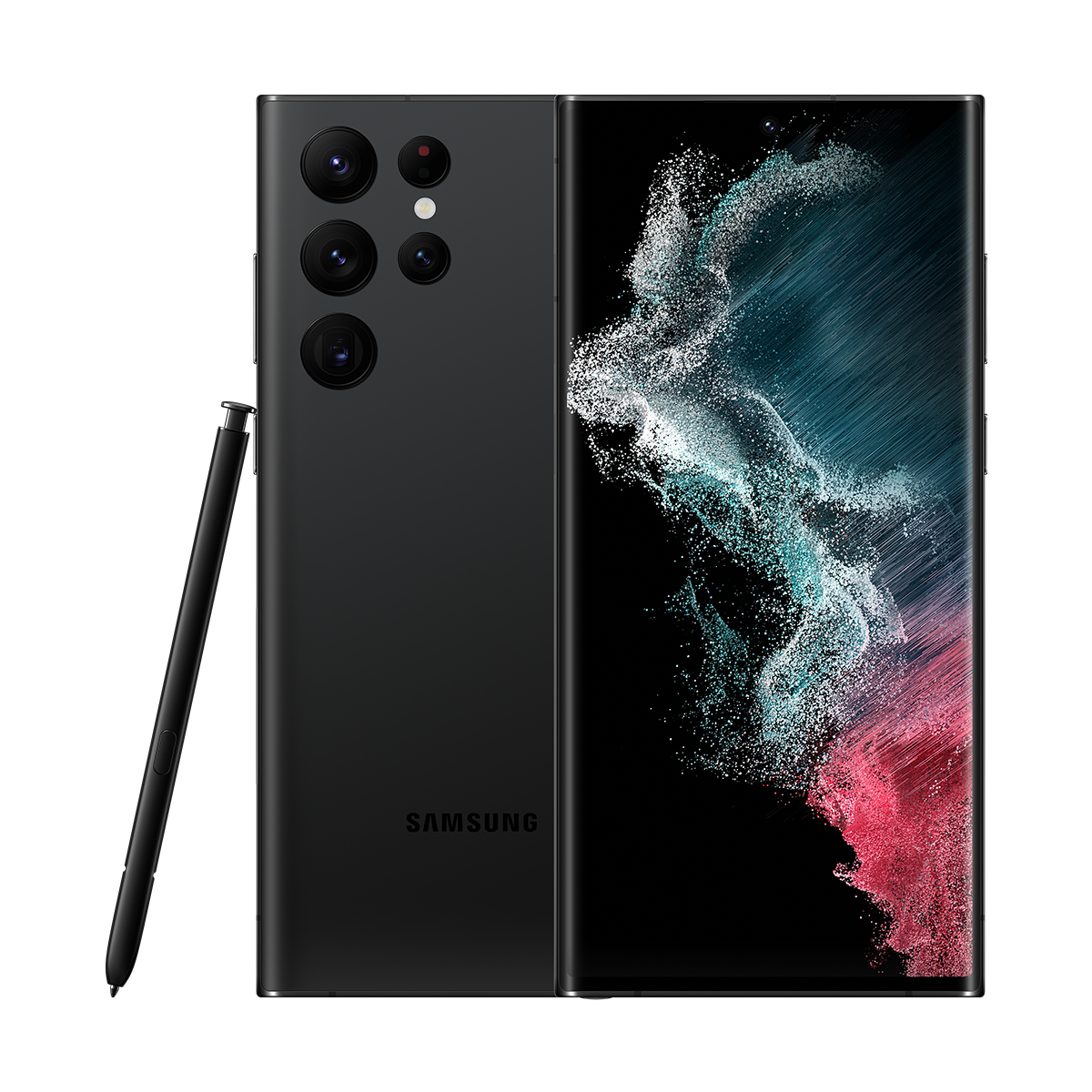 Siyah Samsung telefon, kalemli. Çoklu arka kameralar. Ekranda soyut sanat sergileniyor. Beyaz zemin.