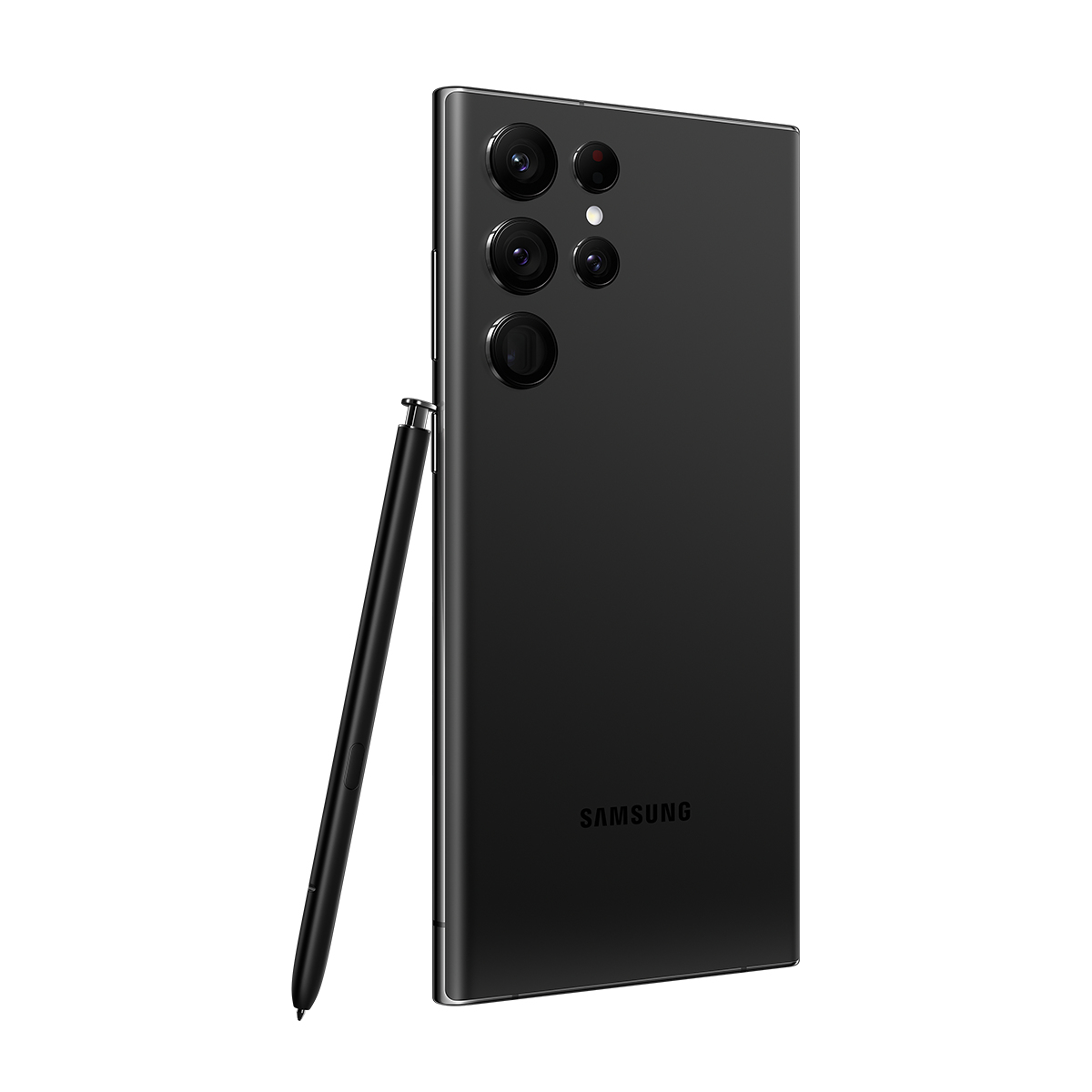 Siyah Samsung telefon ve kalem. Telefonun birden fazla arka kamerası var. Kalem telefona yaslanıyor.