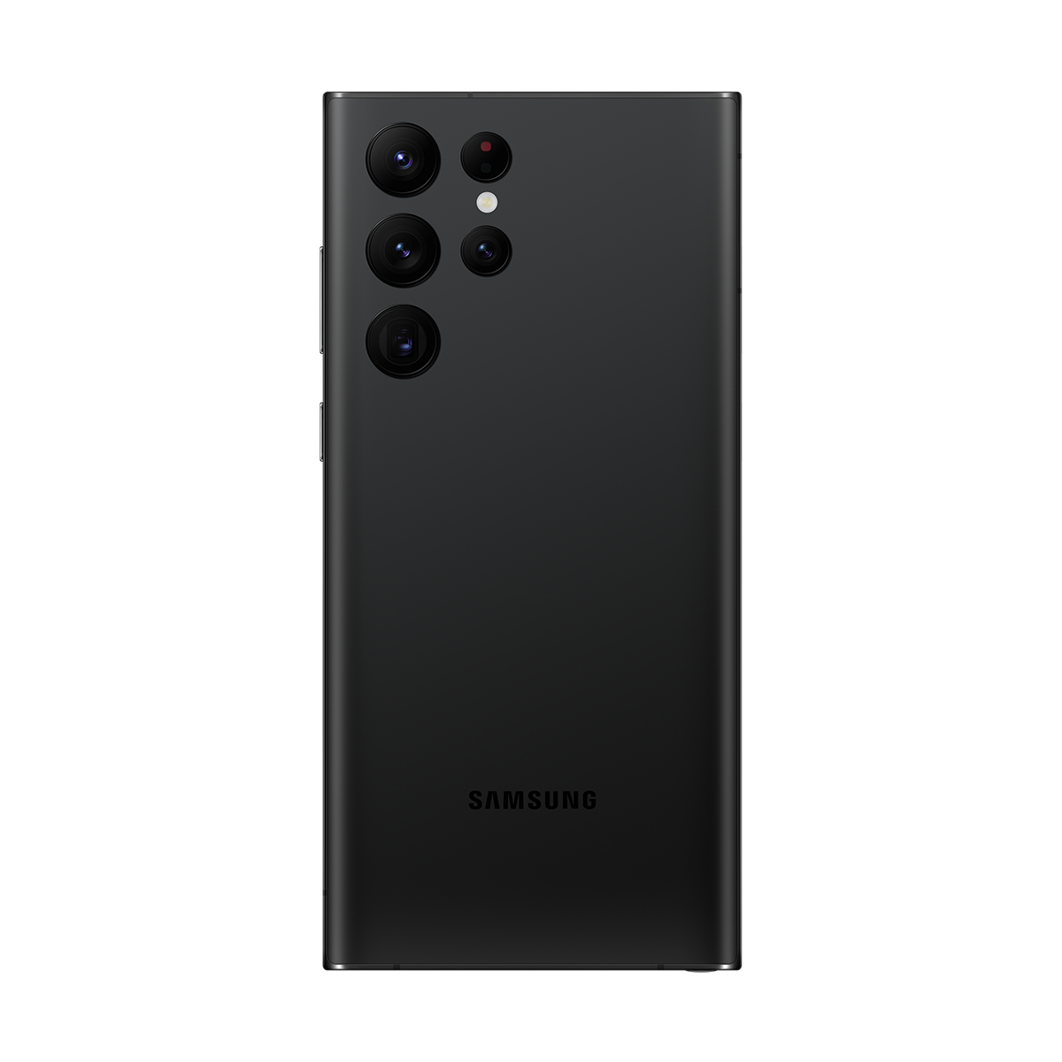 Çoklu kamera lensleri ve Samsung logosu bulunan siyah akıllı telefon arkası. Şık, dikdörtgen bir tasarıma sahip.