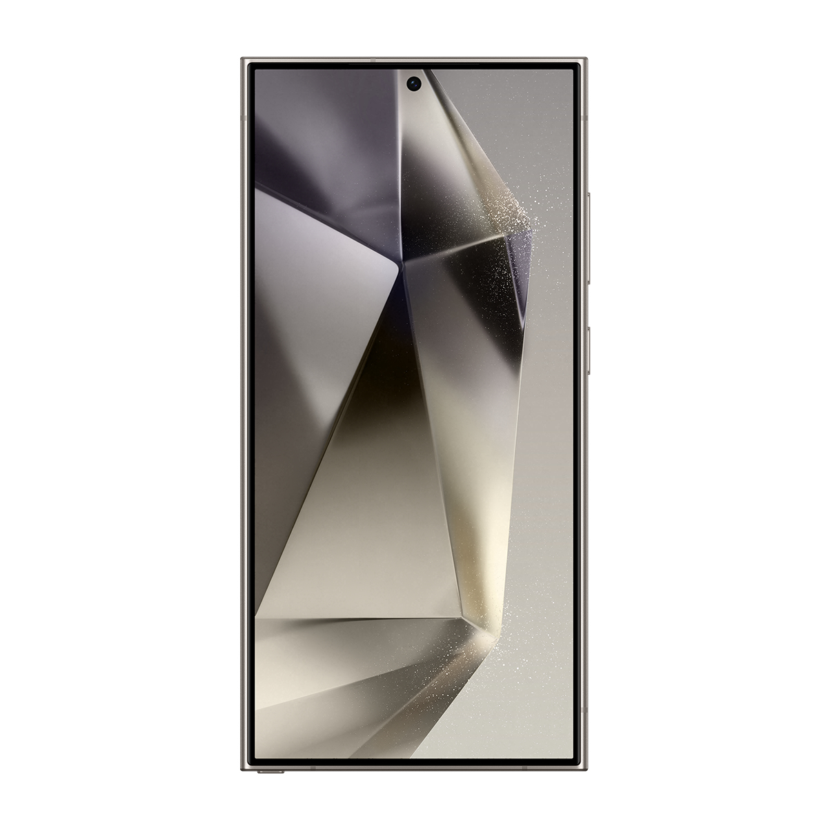 Ekranda geometrik, soyut bir tasarıma sahip bir akıllı telefon. Telefonun gümüş bir çerçevesi ve üstte bir kamerası var.