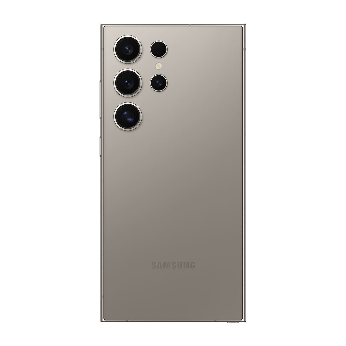Çoklu kamera lensleri ve Samsung logosu bulunan bej bir akıllı telefonun arkası. Dikdörtgen şeklinde ve metal bir çerçeveye sahip.