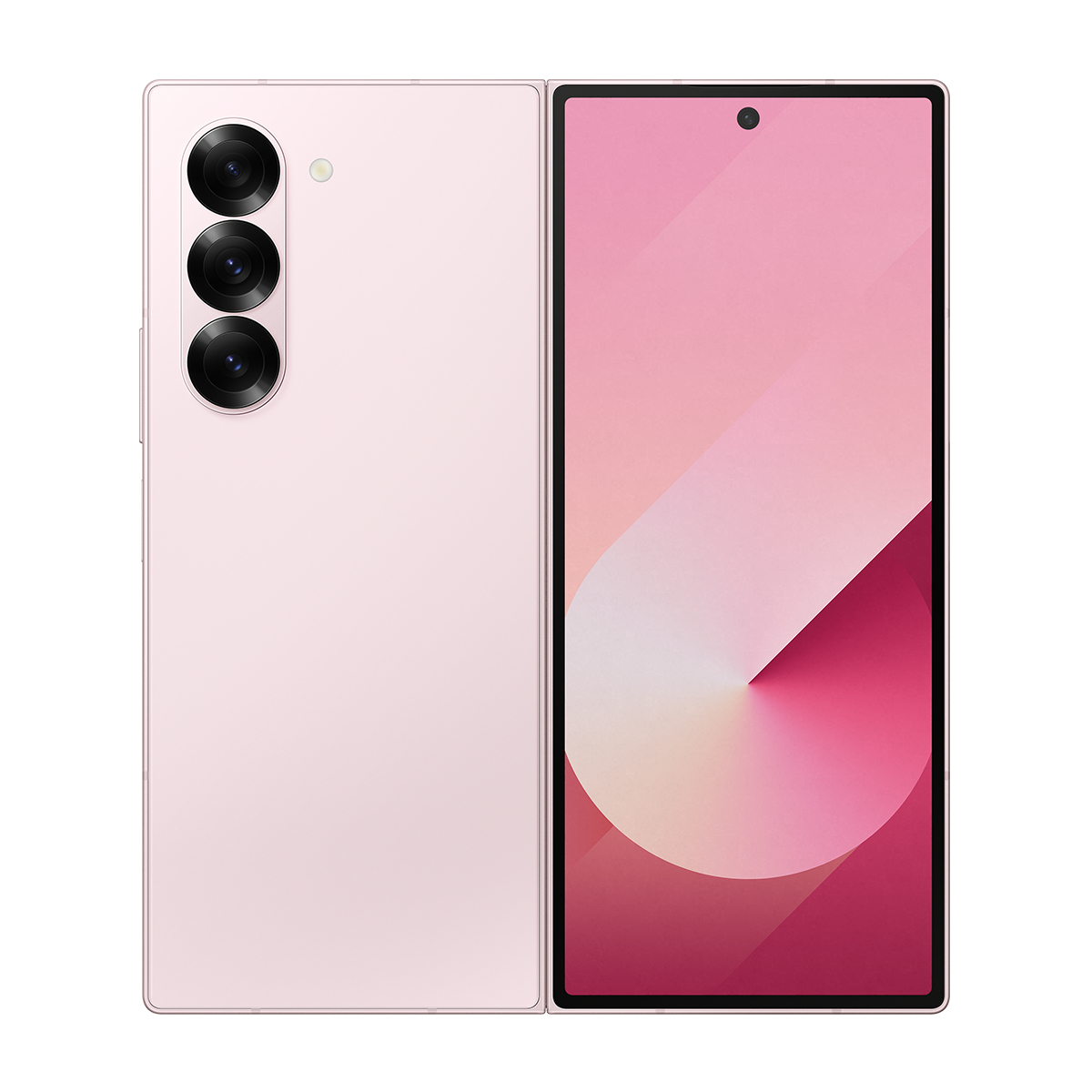 Pembe katlanabilir akıllı telefon, pembe ekranı ve dairesel tasarımıyla açık. Arkada üç kamera bulunuyor.