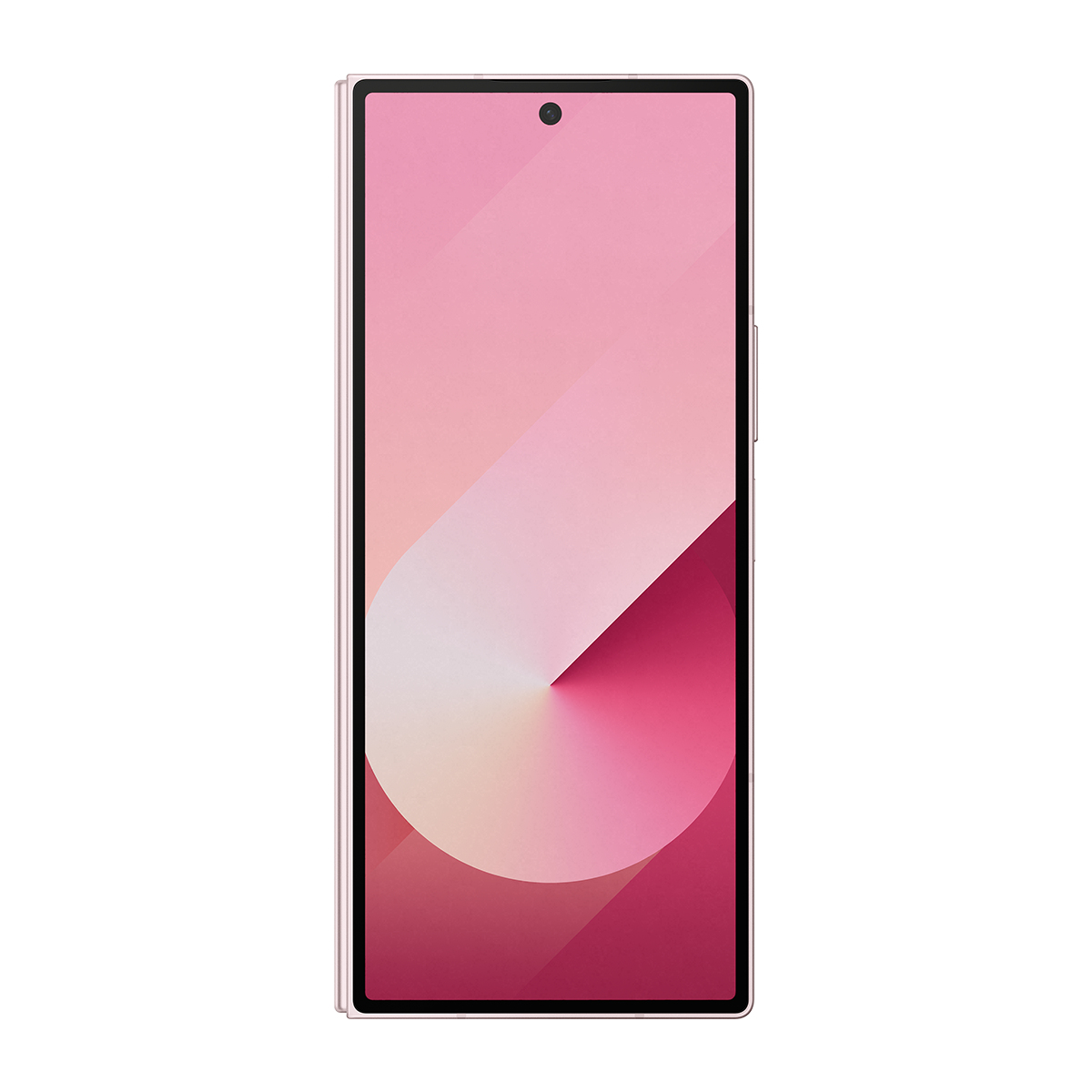 Açık pembe degrade ekrana sahip pembe bir akıllı telefon. Üst kısımda bir kamera görünür. Telefon beyaz bir arka plan üzerinde.