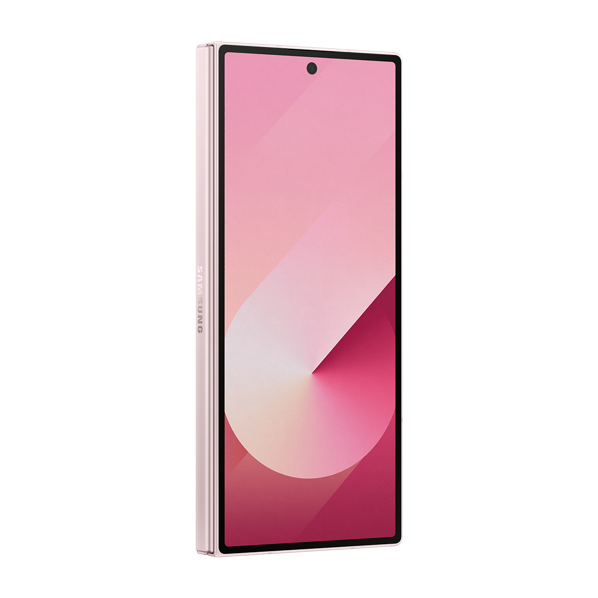 Pembe renkli bir Samsung katlanabilir telefon görüntüleniyor, pembe degrade bir ekran gösteriyor. Telefon hafifçe açık.