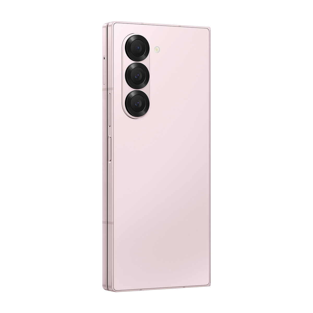 Pembe renkli, katlanabilir bir akıllı telefon görüntüleniyor. Üç kamera lensi ve bir flaşı var. Telefon hafifçe açılı.