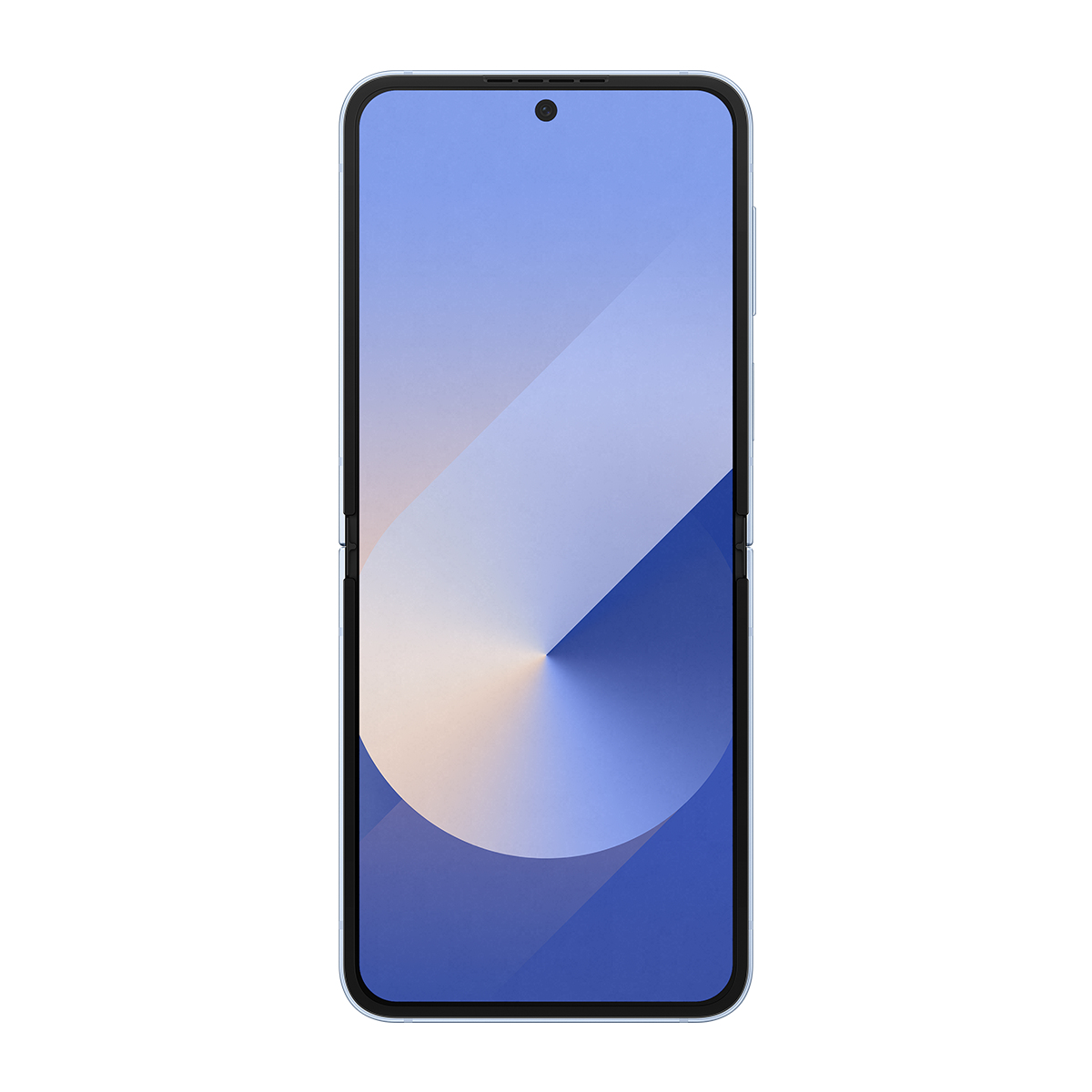 Açılır kapanır akıllı telefon, açık renklerin gradyanını gösteren mavi bir ekranla. Telefon açık mavidir ve bir kameraya sahiptir.