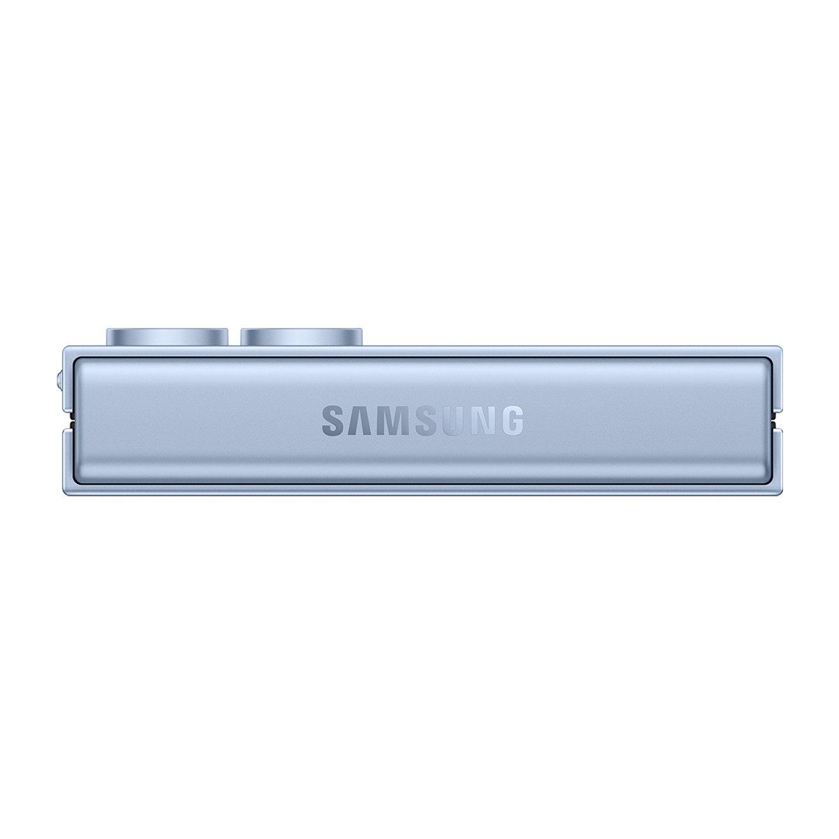 Dikdörtgen gövdeli, iki dairesel düğmeli ve Samsung logosu bulunan açık mavi bir Samsung cihazı görülüyor.