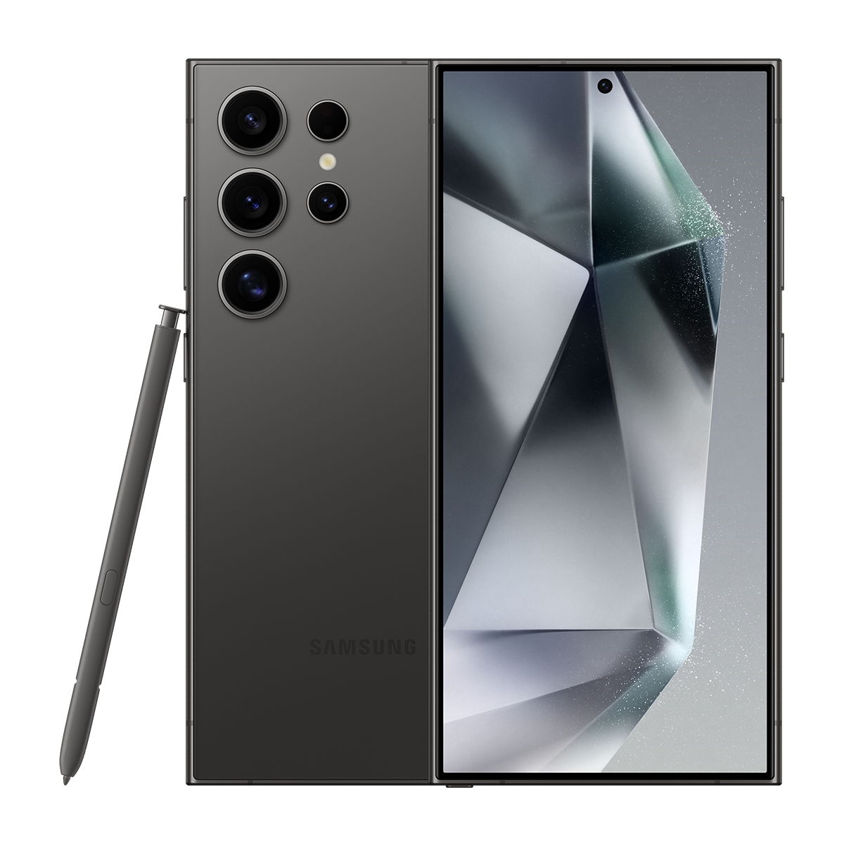 Birden fazla arka kamerası ve kalemi olan koyu gri bir akıllı telefon. Ekran geometrik bir tasarım sergiliyor. Samsung logosu görünür.