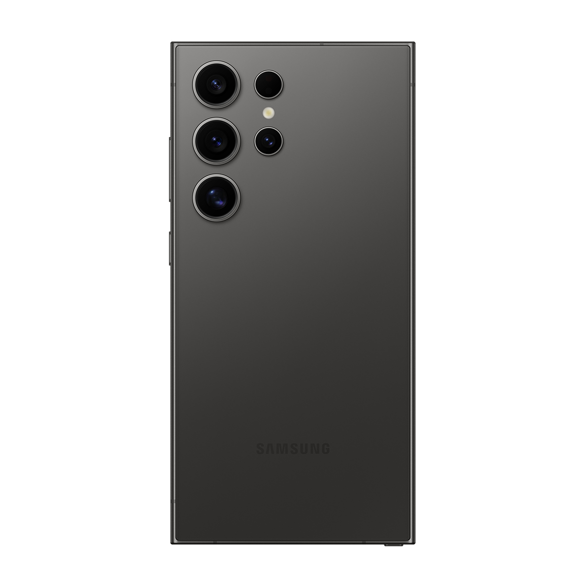 Koyu gri bir akıllı telefonun arka görünümü. Dikey olarak düzenlenmiş birden fazla kamera lensi ve Samsung logosu var.