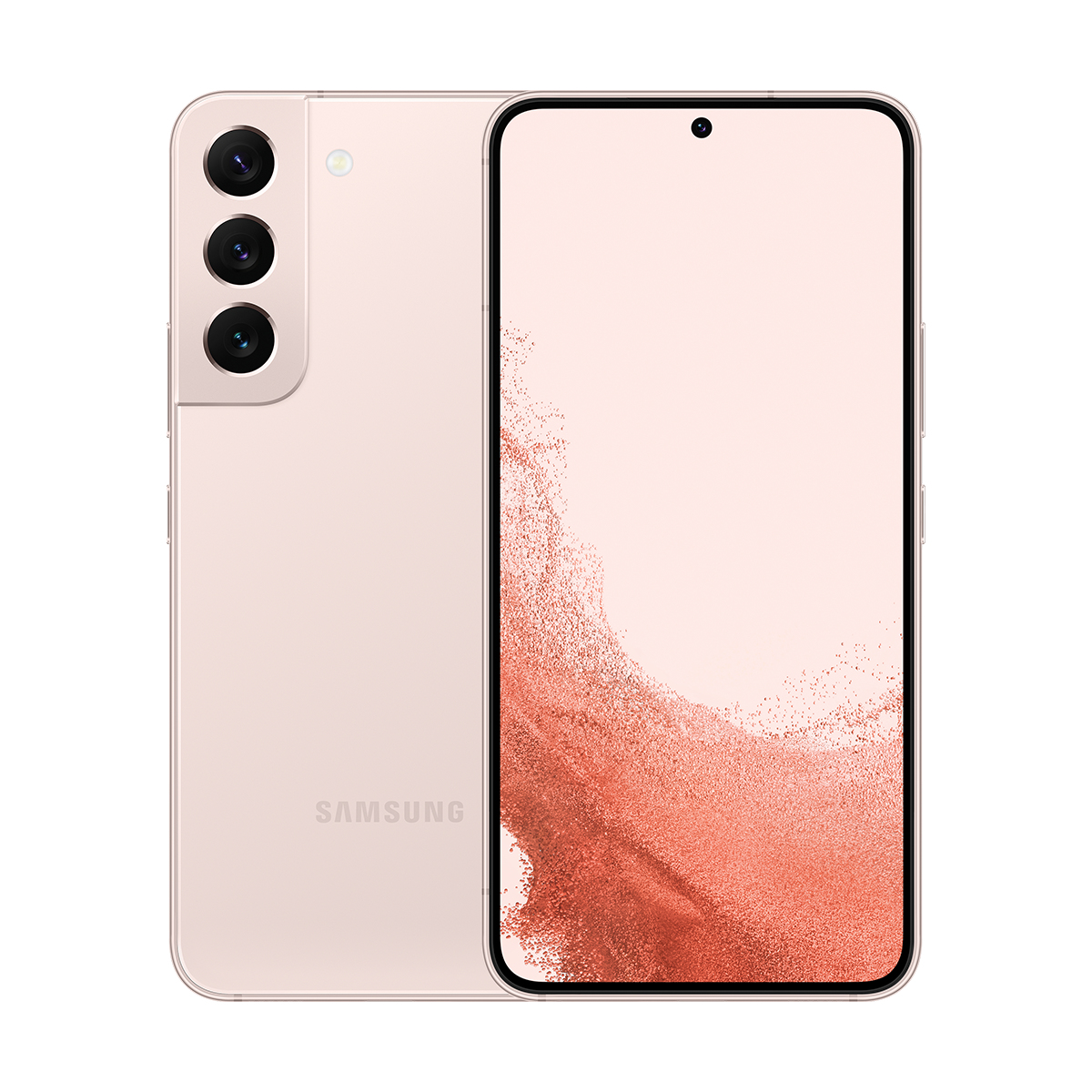 Pembe Samsung telefon. Arkasında kameralar var. Ekran pembe bir gradyan görüntüler. Telefon beyaz bir arka plan üzerinde.