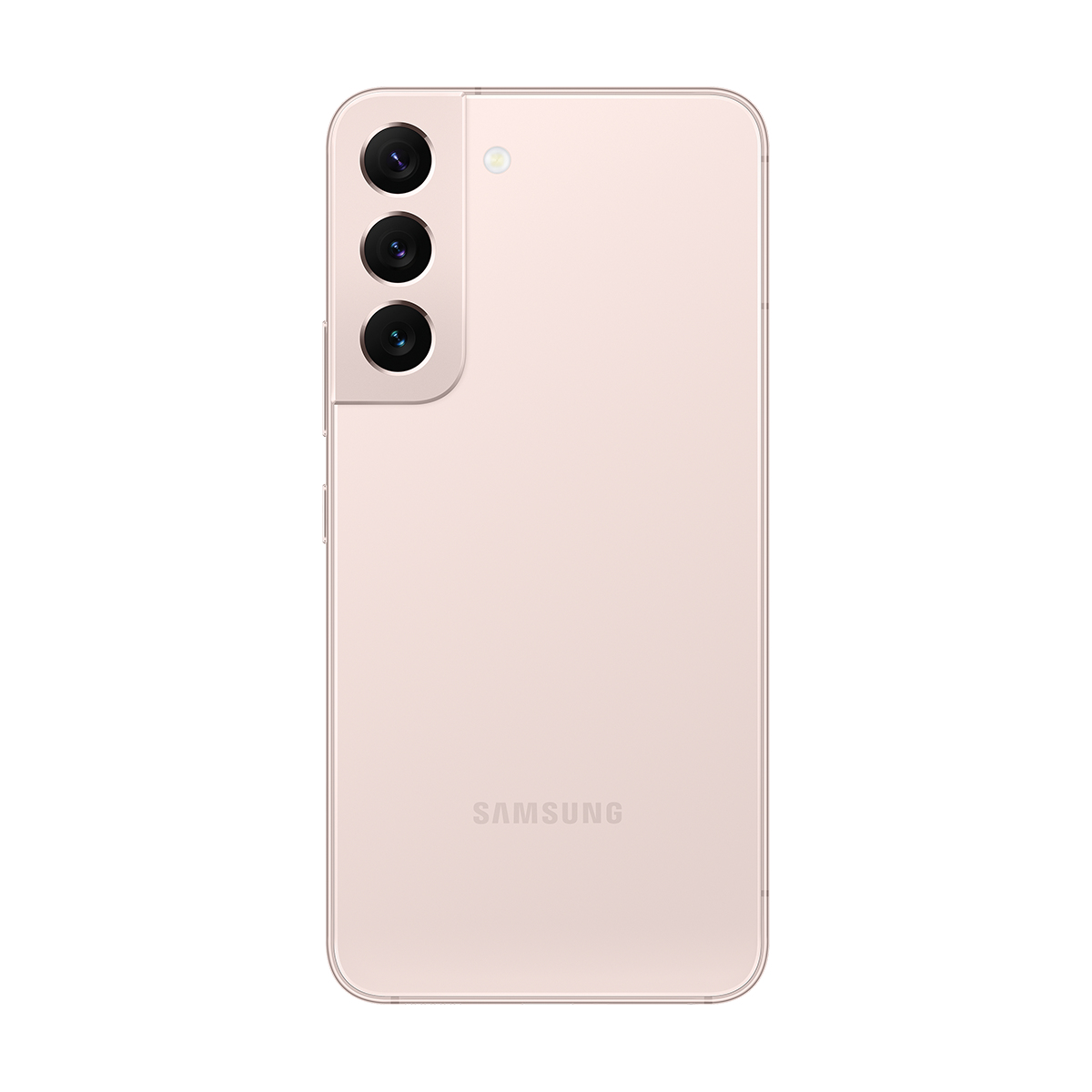 Üç kamera lensi, flaş ve Samsung logosu bulunan, pembe renkli bir Samsung akıllı telefonun arkası.