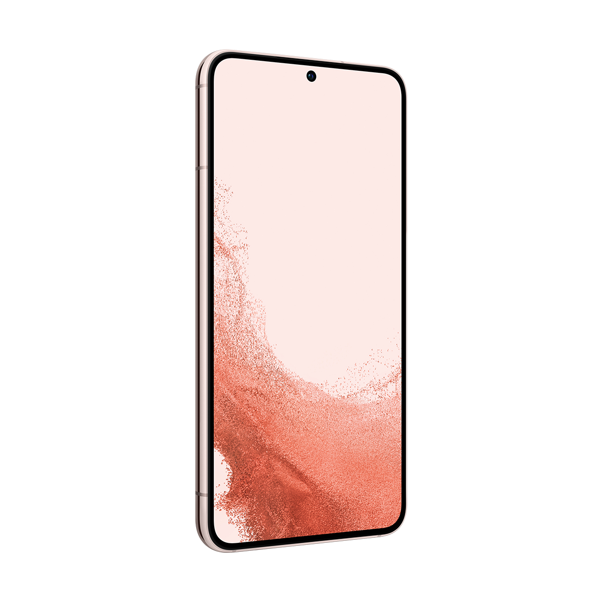 Açık pembe ekranlı, siyah kamera noktalı ve altın renkli çerçeveli bir akıllı telefon, beyaz zemin üzerinde.