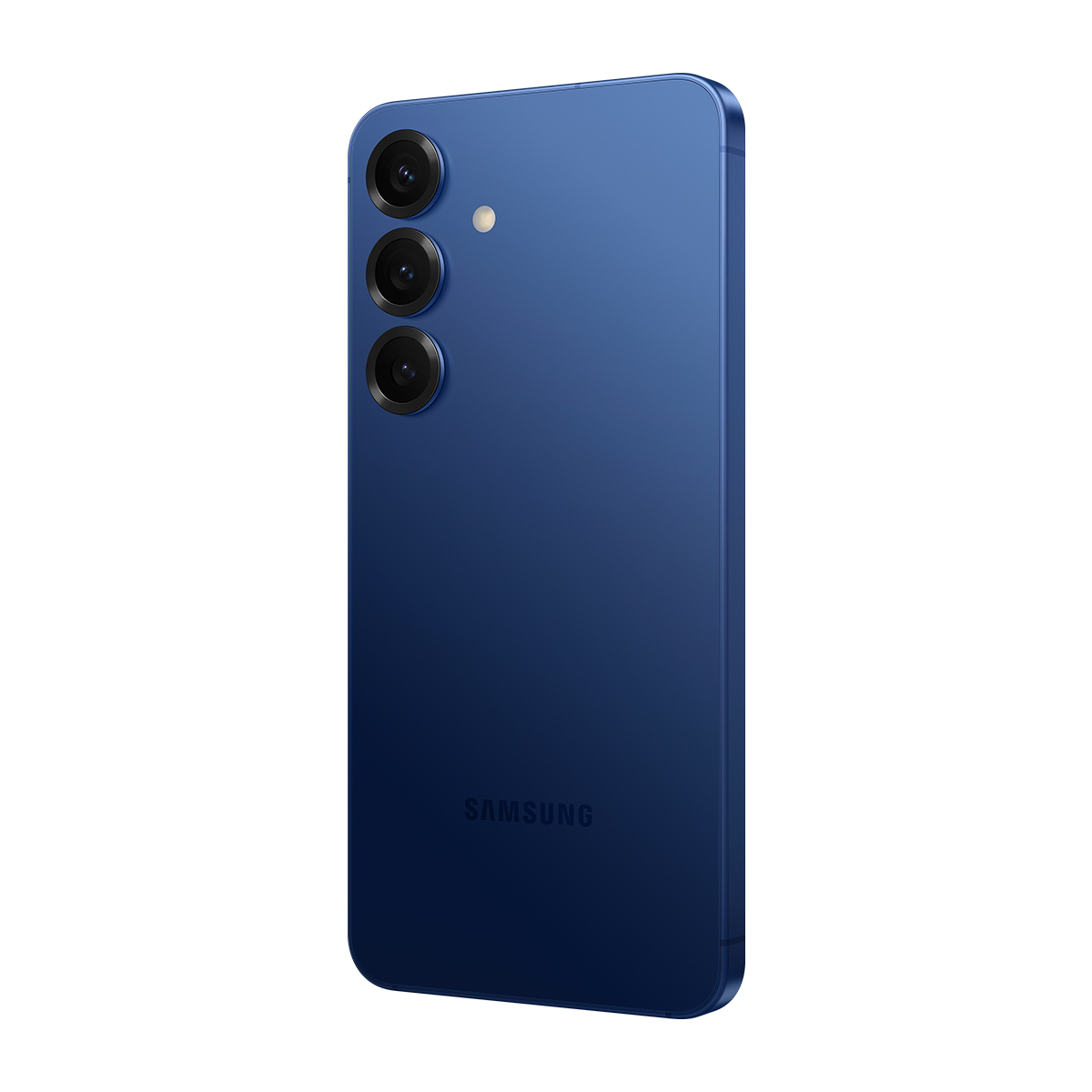 Mavi bir Samsung akıllı telefon. Üç arka kamerası var. Samsung logosu altta görünür.