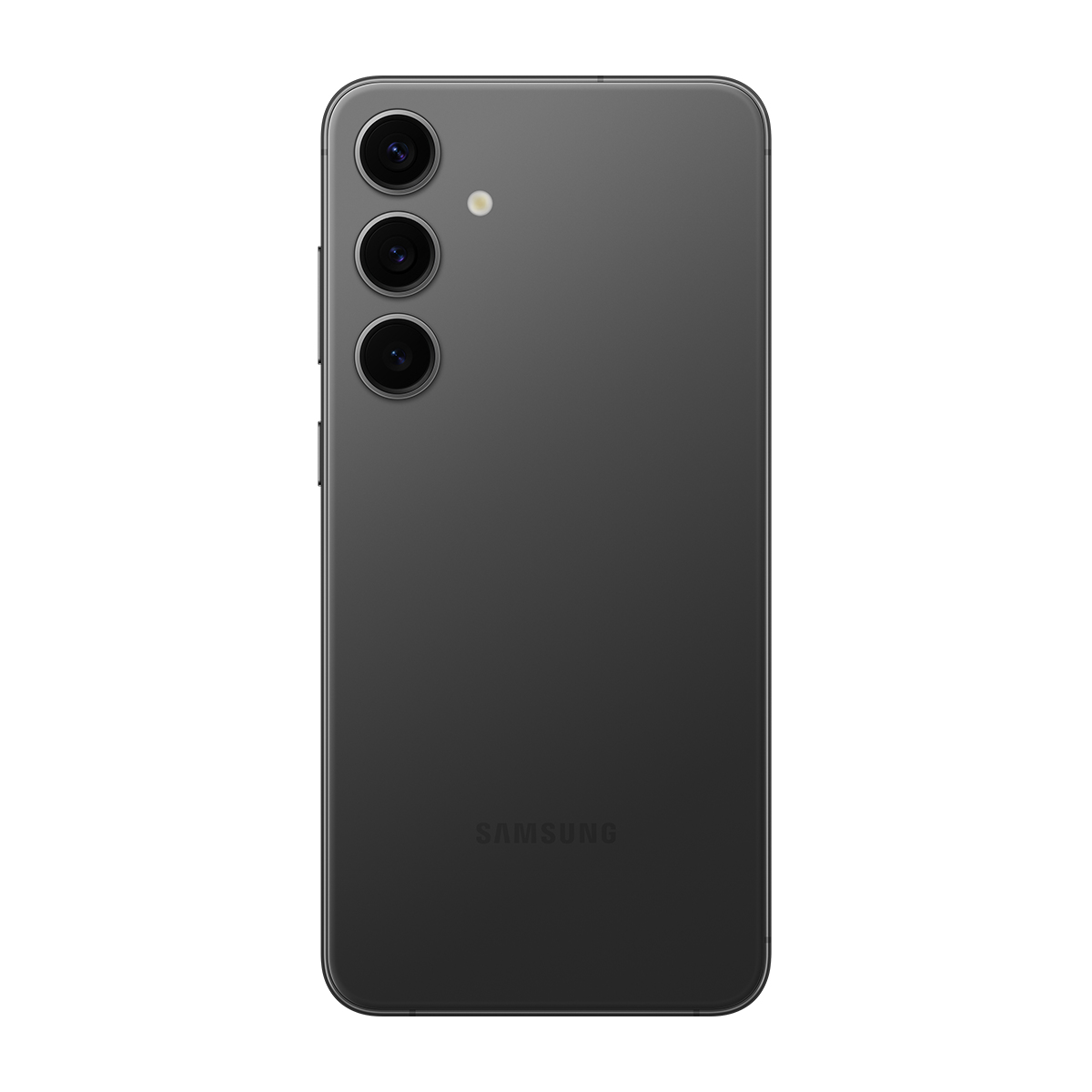 Siyah bir akıllı telefonun arka görünümü. Dikey olarak hizalanmış üç kamera lensi ve Samsung logosu var.