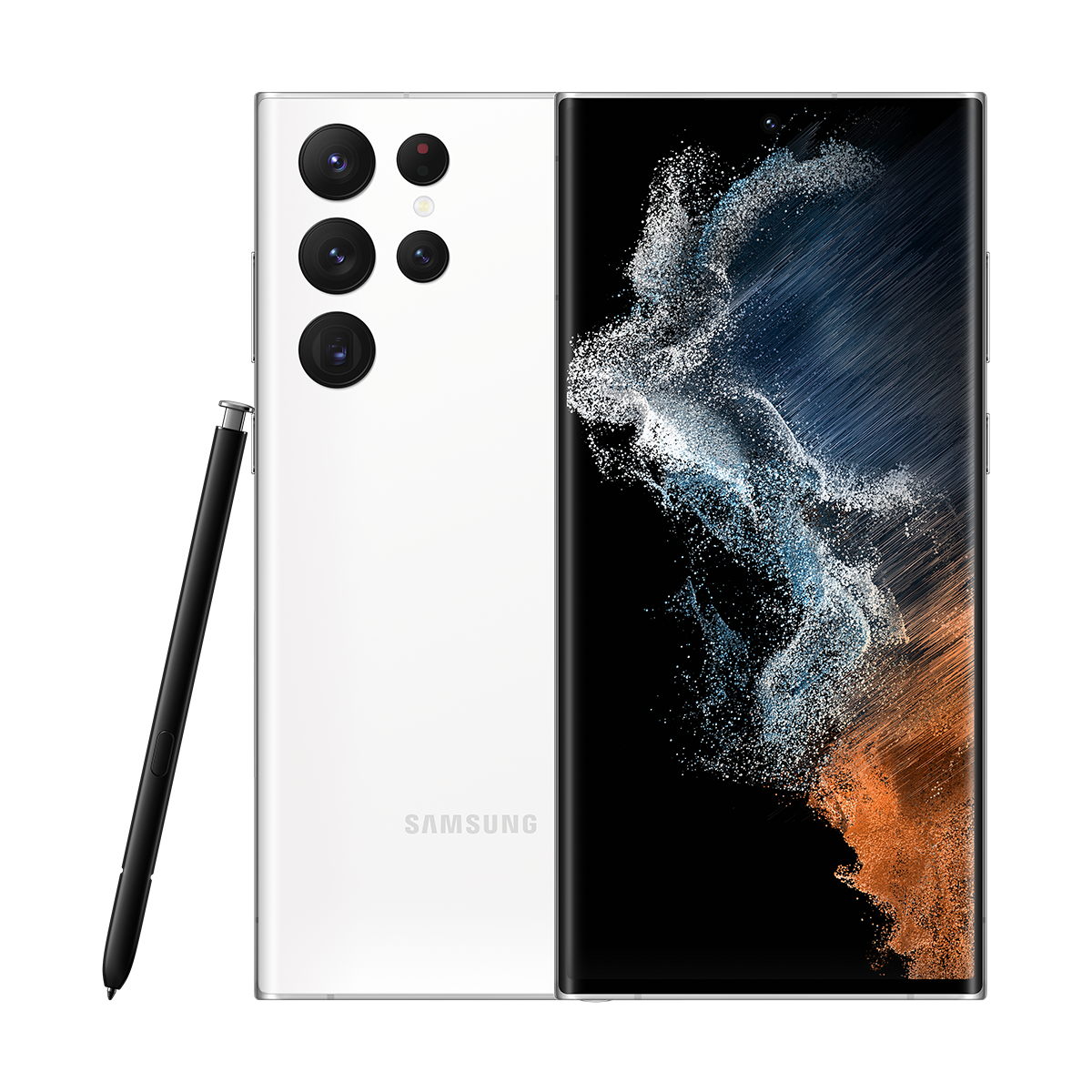 Siyah kalemli beyaz Samsung telefon. Telefonun çoklu arka kameraları ve renkli bir tasarım sergileyen kavisli bir ekranı var.
