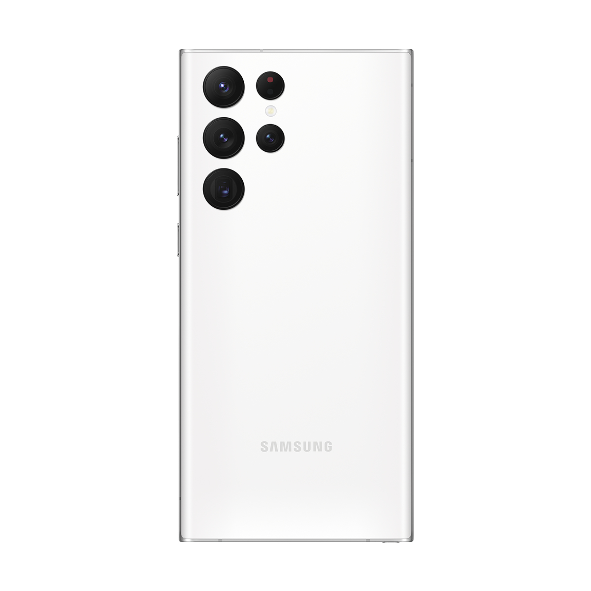 Çoklu kamera lensleri ve Samsung logosu bulunan beyaz bir akıllı telefonun arkası.