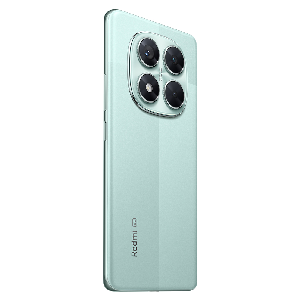 Widoczny miętowy smartfon z czterema tylnymi aparatami. Widoczne logo Redmi i 5G. Telefon jest ustawiony pod kątem.