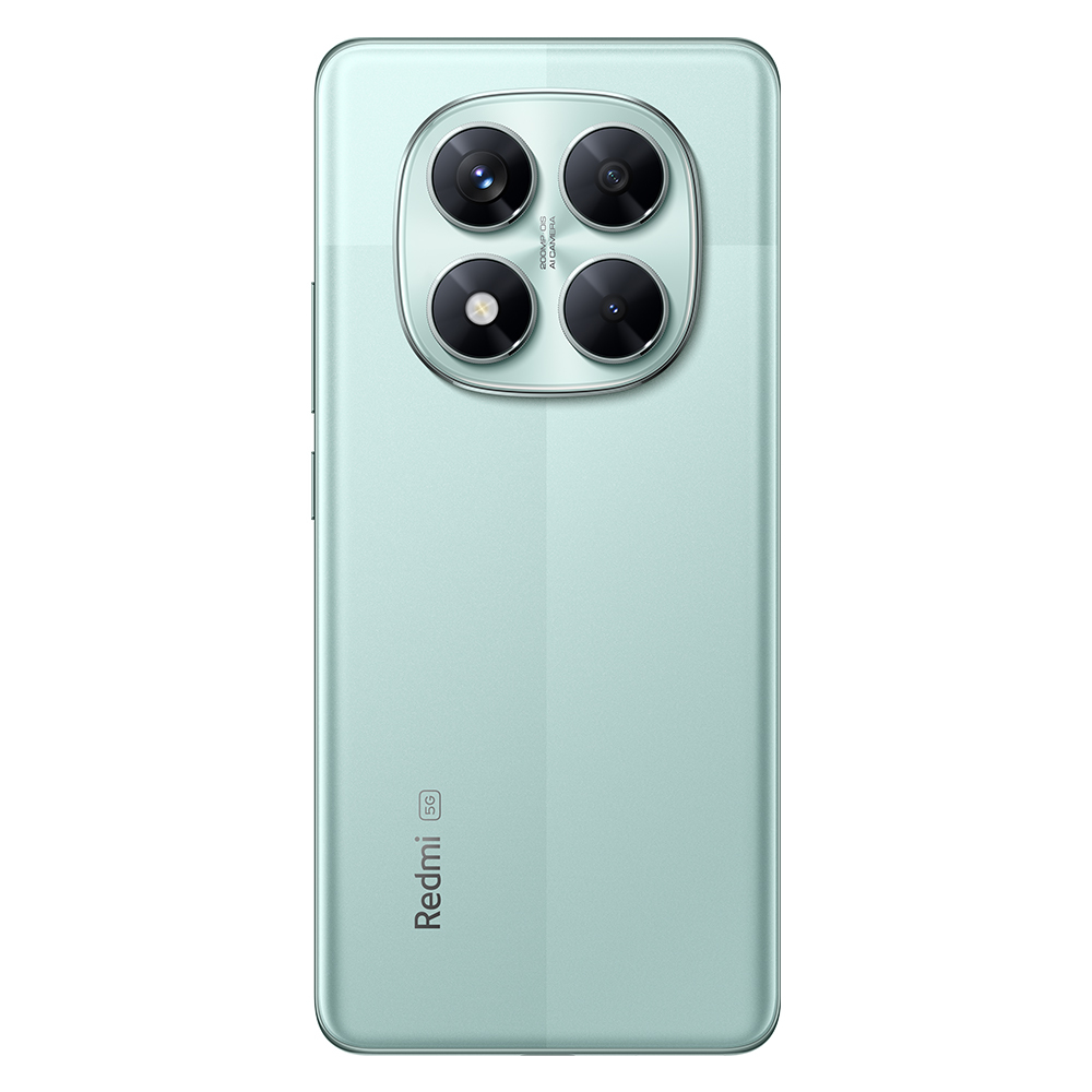 Tył miętowego smartfona z czterema aparatami. Logo Redmi i etykieta 5G na dole.