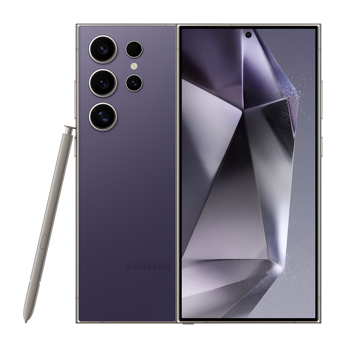 Mor bir Samsung telefon ve bir kalem. Telefonun birden fazla arka kamerası ve geometrik bir tasarım sergileyen bir ekranı var.