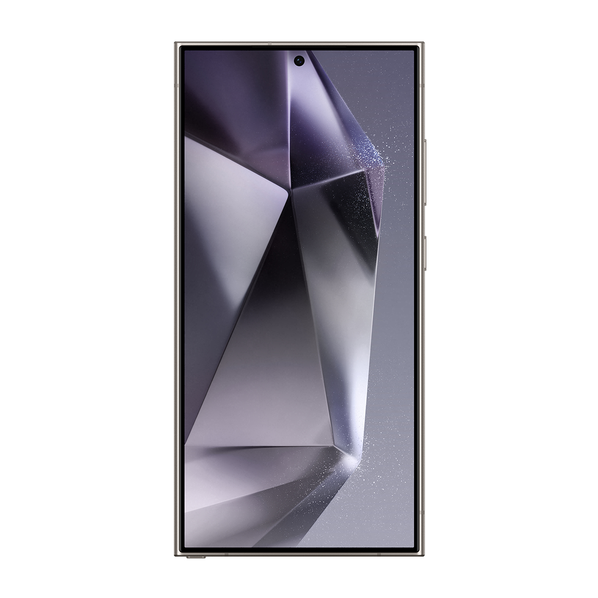 Ekranda geometrik tasarıma sahip bir akıllı telefon. Telefonun metal çerçevesi ve üstte küçük bir kamerası var.