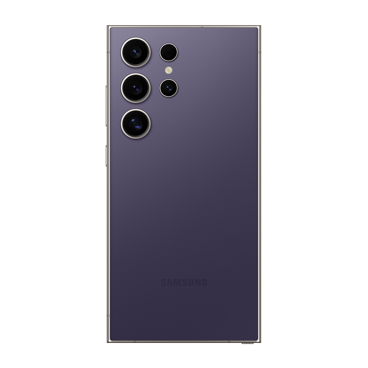 Mor renkli bir Samsung telefonun arka görünümü. Çoklu kamera lensleri ve Samsung logosu var. Telefonun altın rengi bir çerçevesi var.