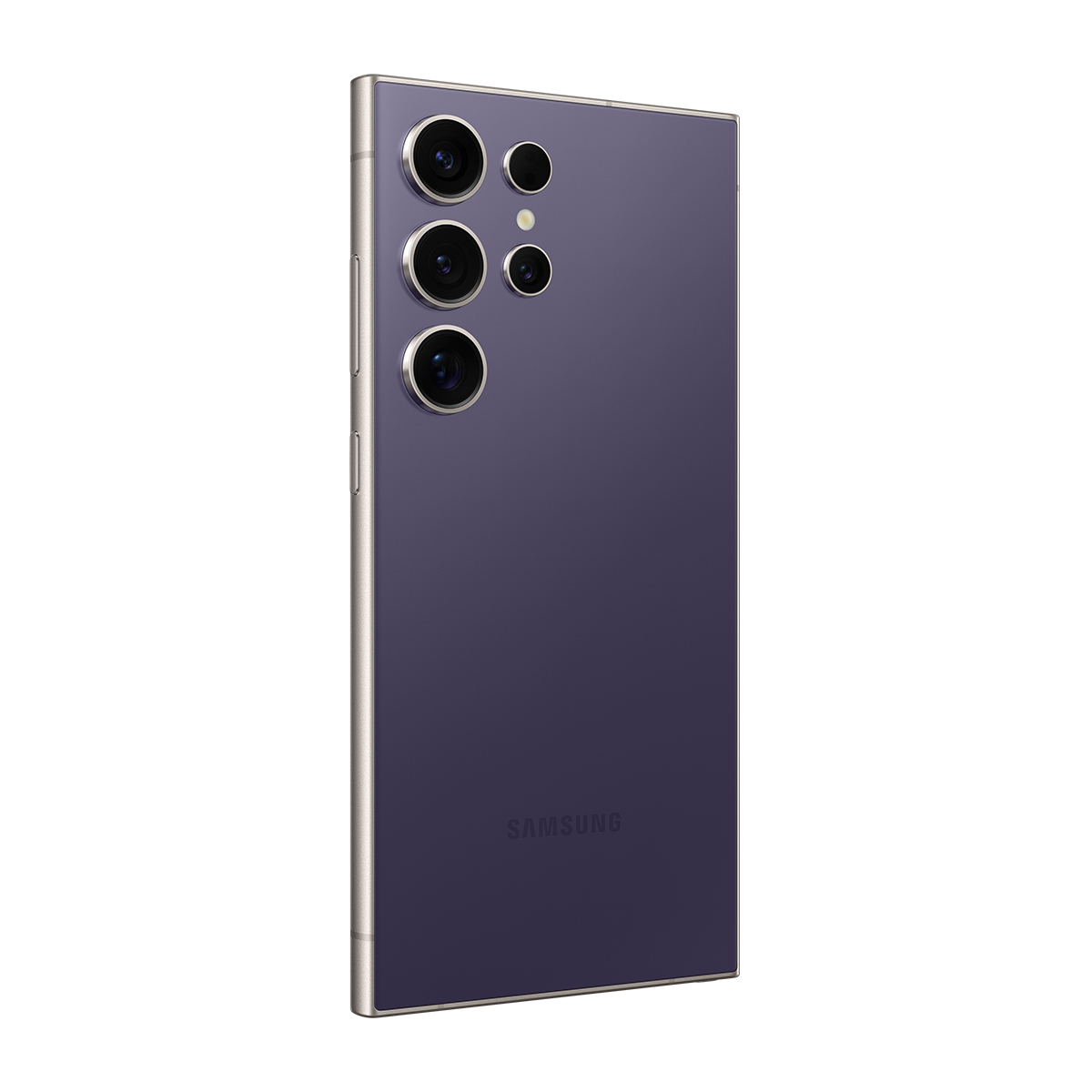 Mor renkli bir Samsung akıllı telefon, sağa doğru açılı. Arkasında çoklu kamera lensleri var. Samsung logosu görünür.