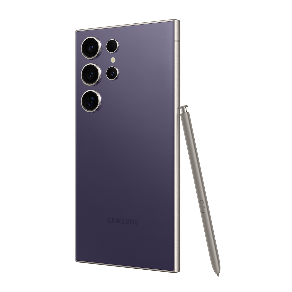 Gümüş çerçeveli ve kalemli mor bir Samsung telefon. Telefondaki birden fazla kamera merceği vardır. Arka plan beyazdır.