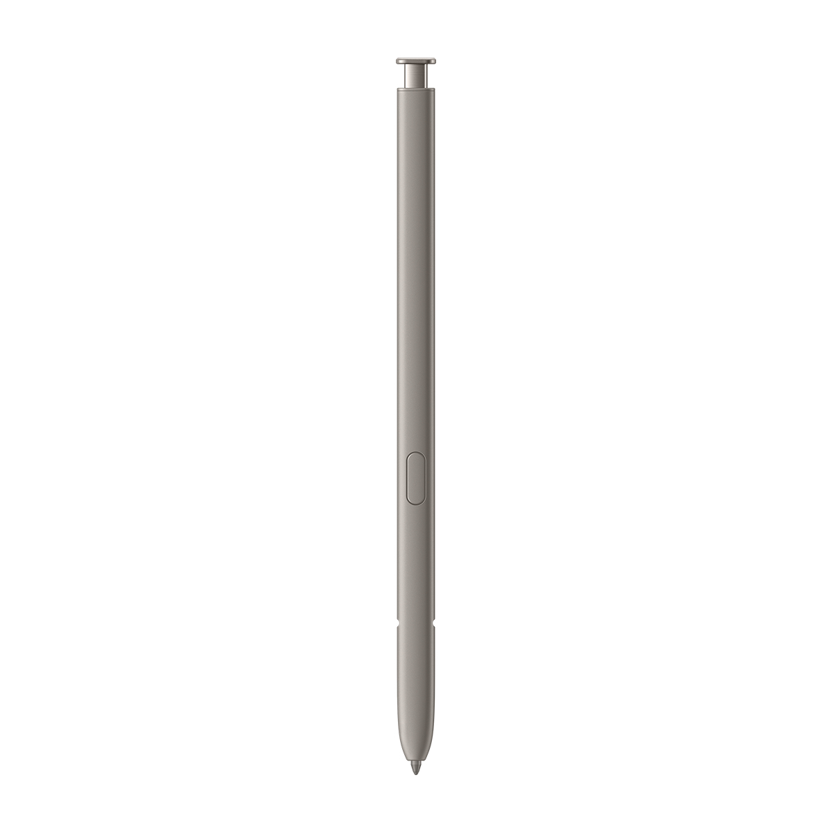 Gümüş renkli bir kalem, muhtemelen bir Samsung S-Pen, beyaz bir arka plan üzerinde dikey olarak ortalanmıştır.