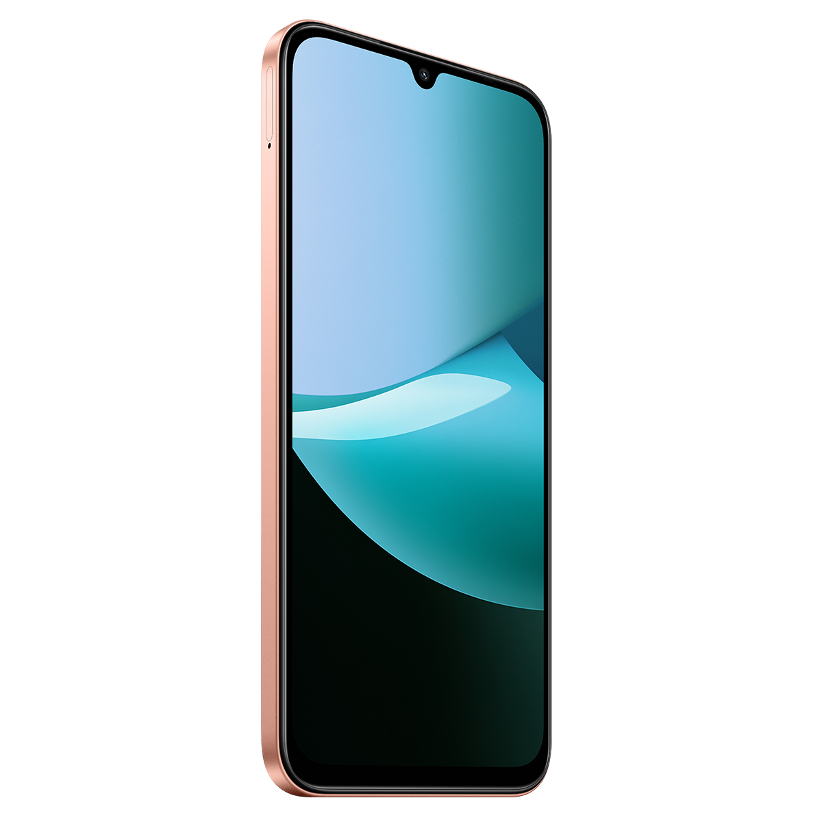Damla şeklinde çentikli, mavi ve turkuaz arka planlı, rose gold akıllı telefon.