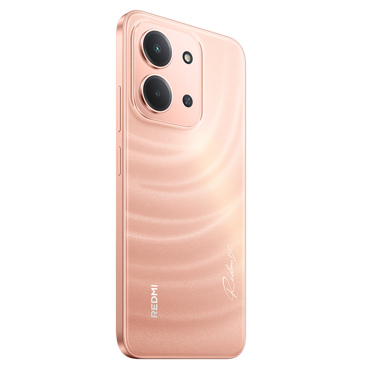 Pembe altın renginde bir Redmi 15C telefonu. İki kamerası ve bir flaşı var. Telefonun arkasında Redmi logosu ve bir imza bulunuyor.