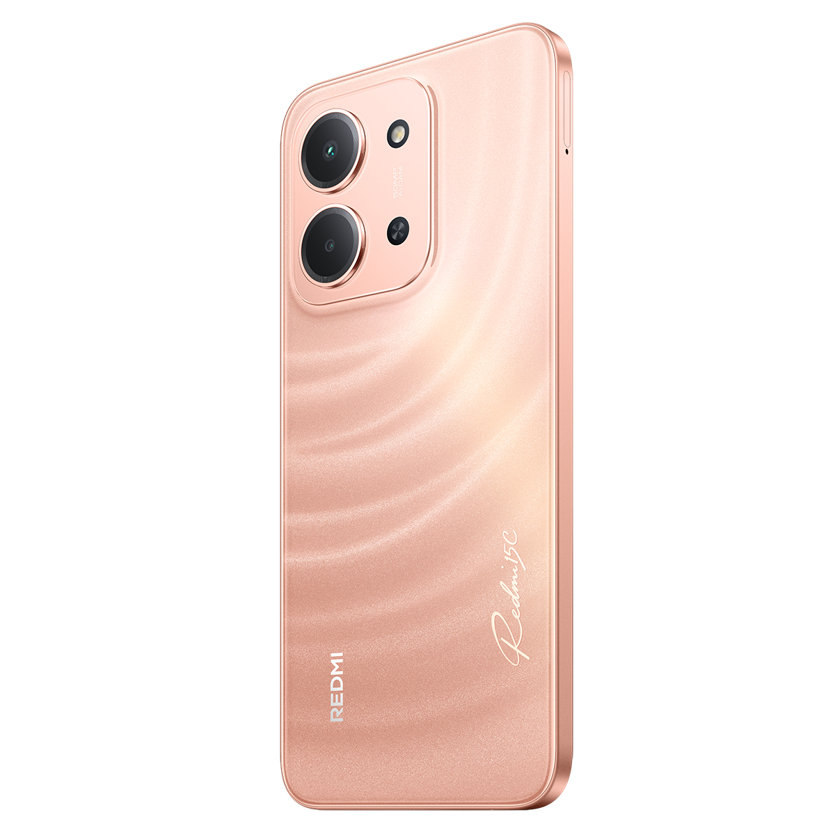 Pembe altın rengi Redmi 13C telefon. Çift kamerası, flaşı ve Redmi logosu var. Arkası dalgalı bir desene sahip.