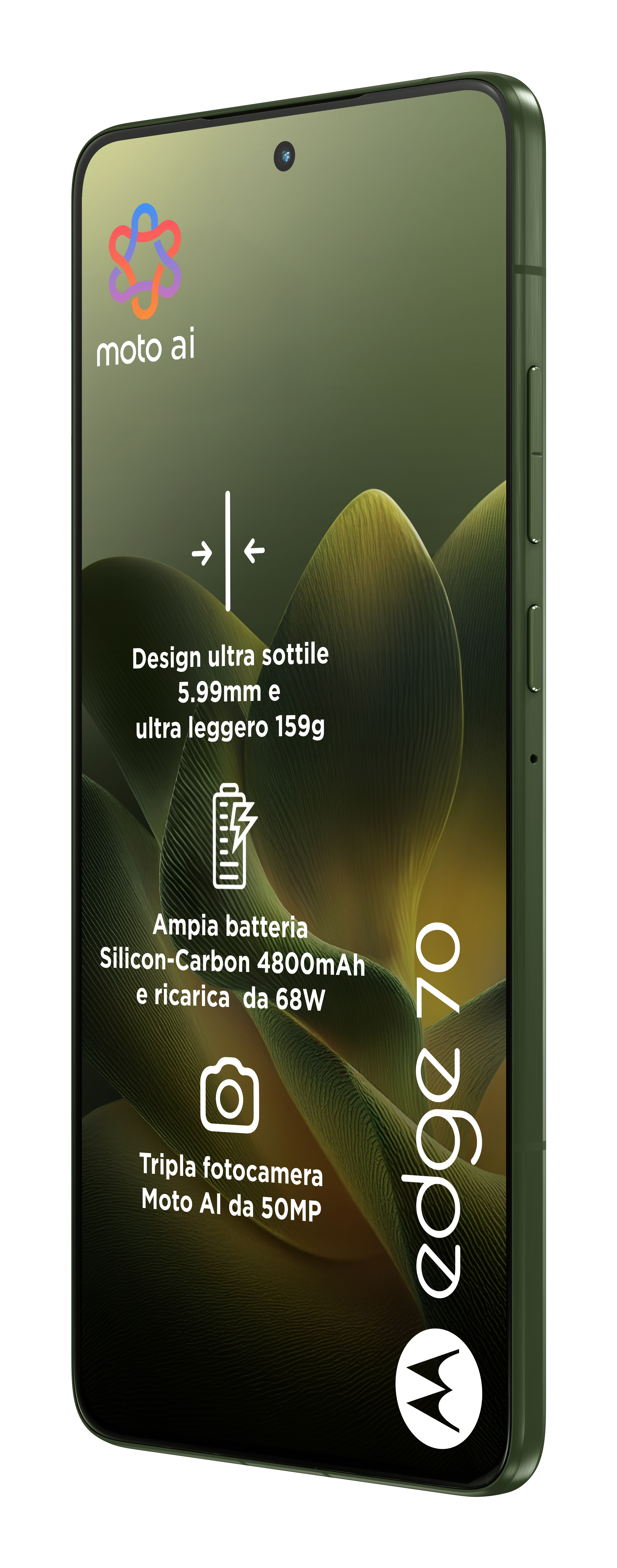Zielony smartfon z tekstem: Moto ai, edge 70. Funkcje obejmują potrójny aparat, smukłą konstrukcję i dużą baterię.